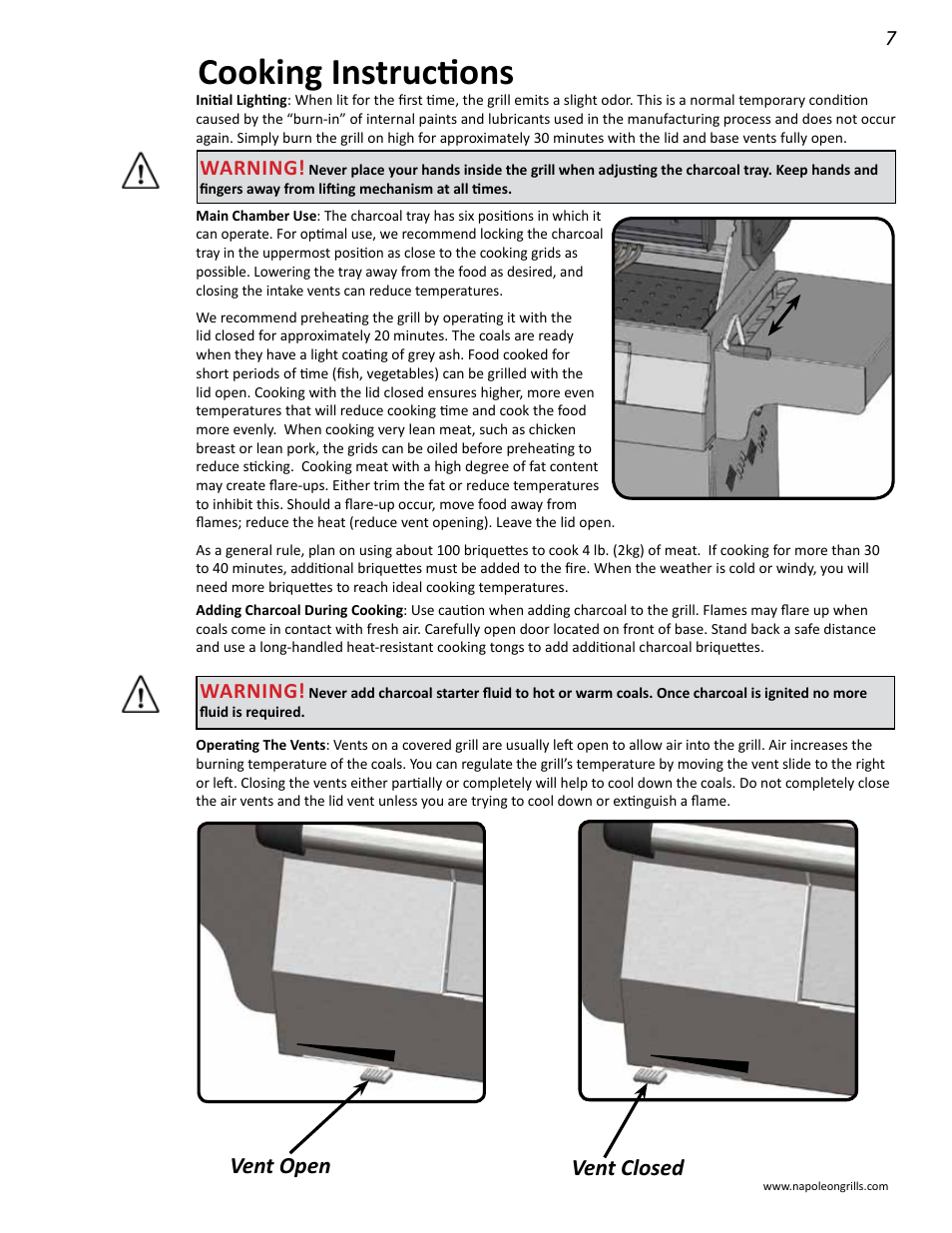 Cooking instructions, Vent open vent closed, Warning | Napoleon Grills M605RBCSS User Manual | Page 7 / 28