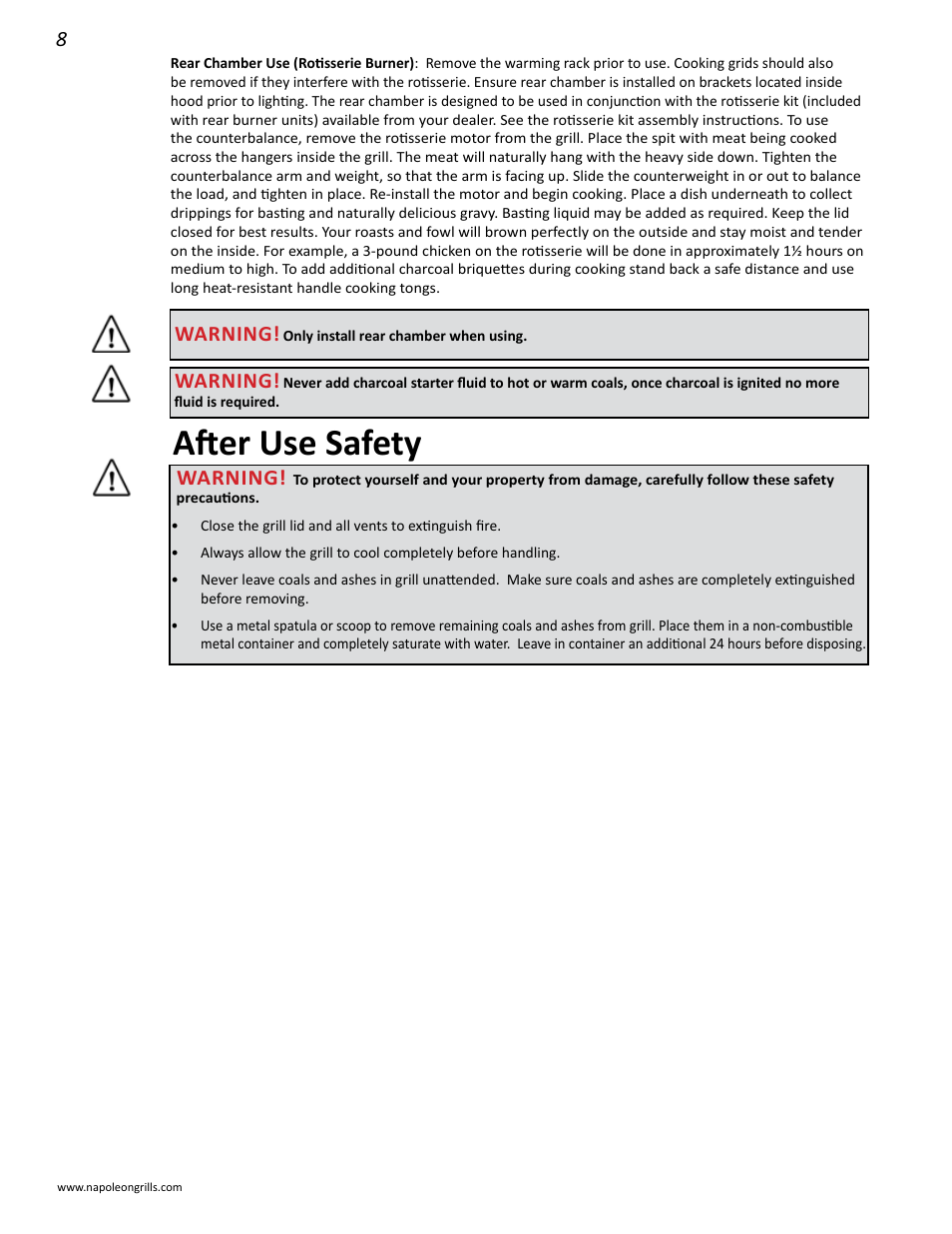 After use safety, Warning | Napoleon Grills M605RBCSS User Manual | Page 8 / 28