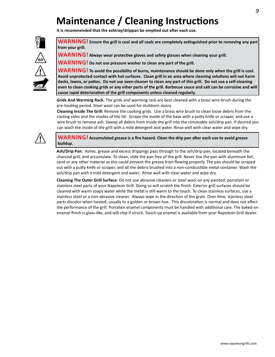 Maintenance / cleaning instructions, Warning | Napoleon Grills M605RBCSS User Manual | Page 9 / 28