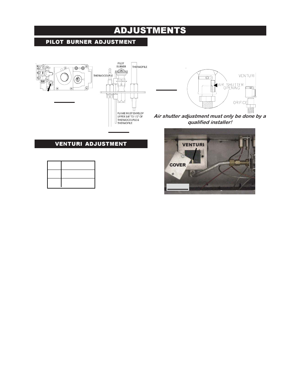 Adjustments, Pilot burner adjustment venturi adjustment | Napoleon Fireplaces BGD38PT User Manual | Page 23 / 28