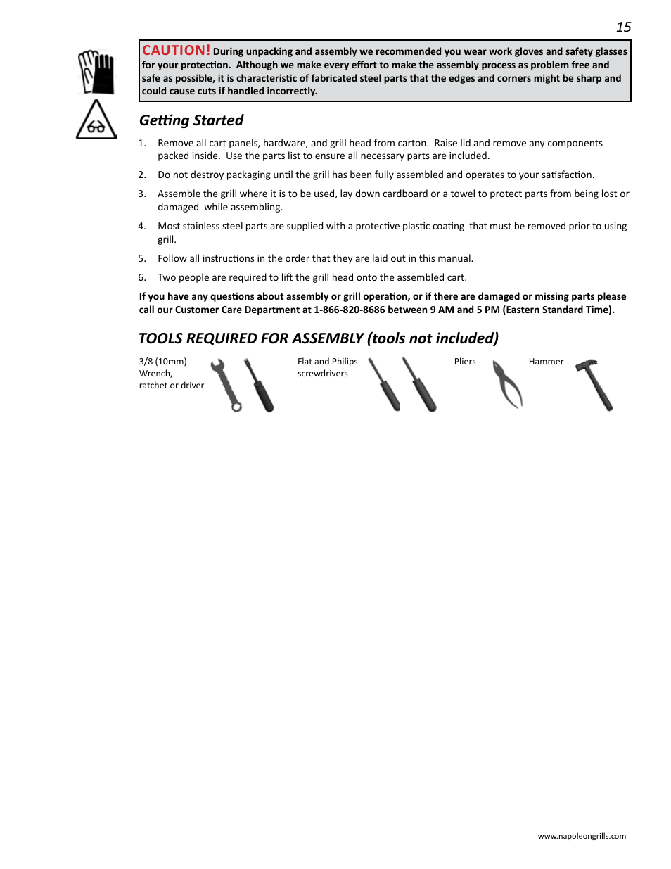 Getting started, Tools required for assembly (tools not included), Caution | Napoleon Grills LD485RSIB User Manual | Page 15 / 40
