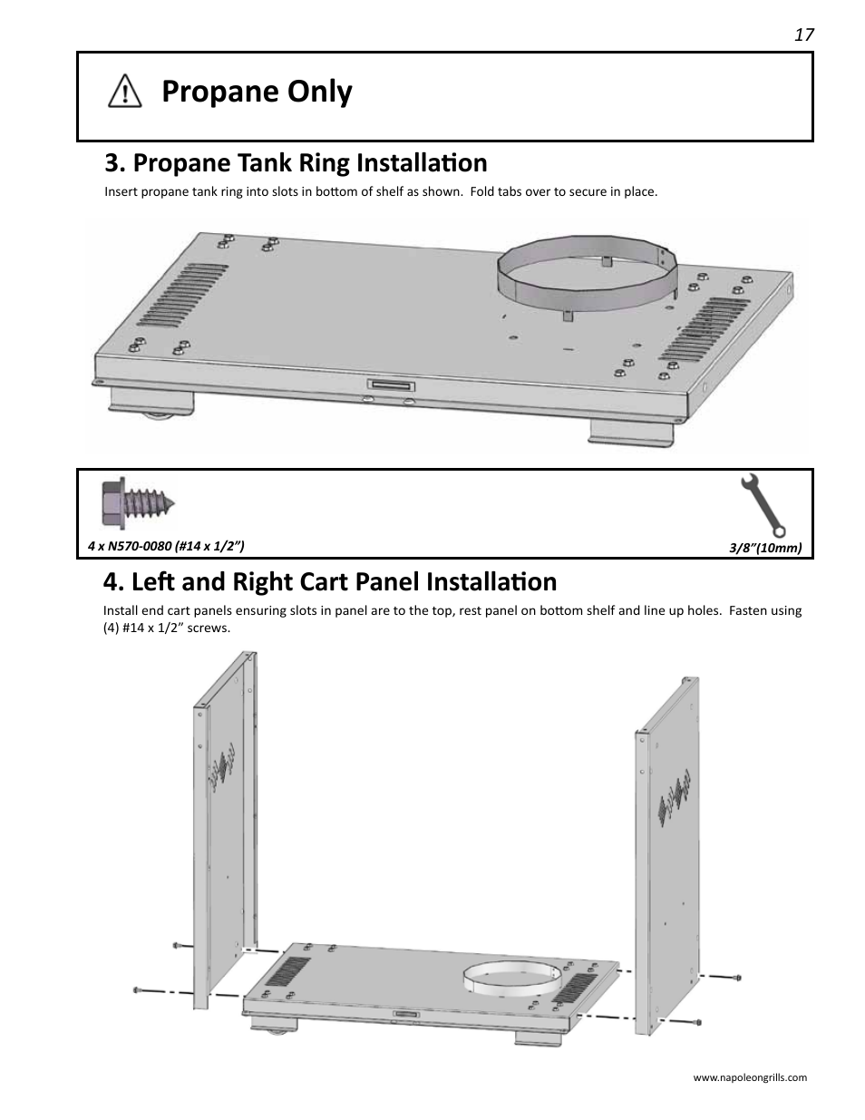 Propane only, Propane tank ring installation, Left and right cart panel installation | Napoleon Grills LD485RSIB User Manual | Page 17 / 40