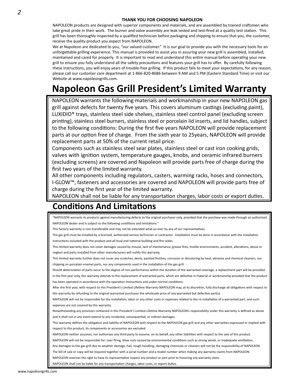 Napoleon gas grill president’s limited warranty, Conditions and limitations | Napoleon Grills LD485RSIB User Manual | Page 2 / 40