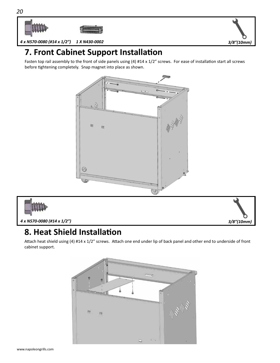 Front cabinet support installation, Heat shield installation | Napoleon Grills LD485RSIB User Manual | Page 20 / 40