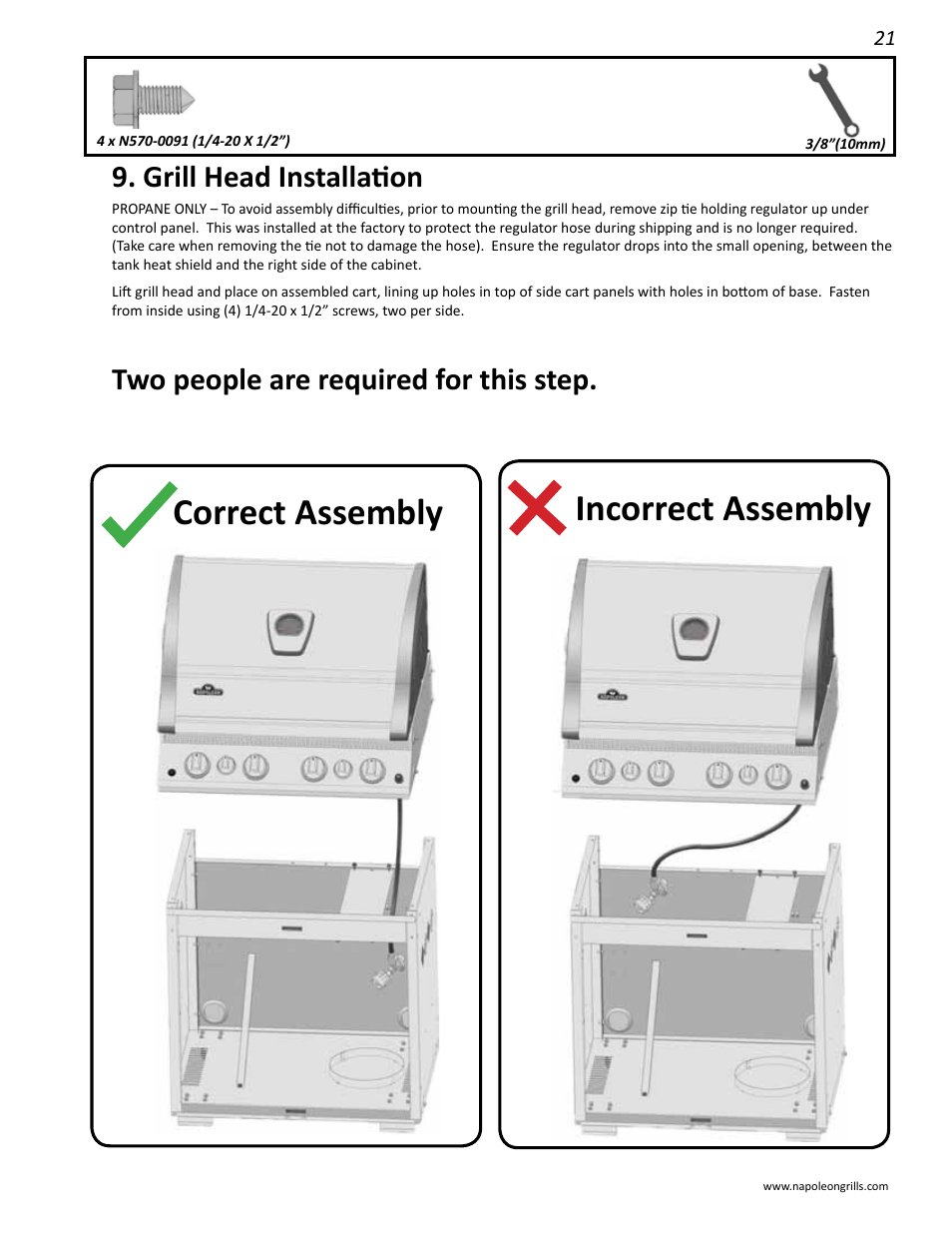 Incorrect assembly correct assembly, Grill head installation, Two people are required for this step | Napoleon Grills LD485RSIB User Manual | Page 21 / 40