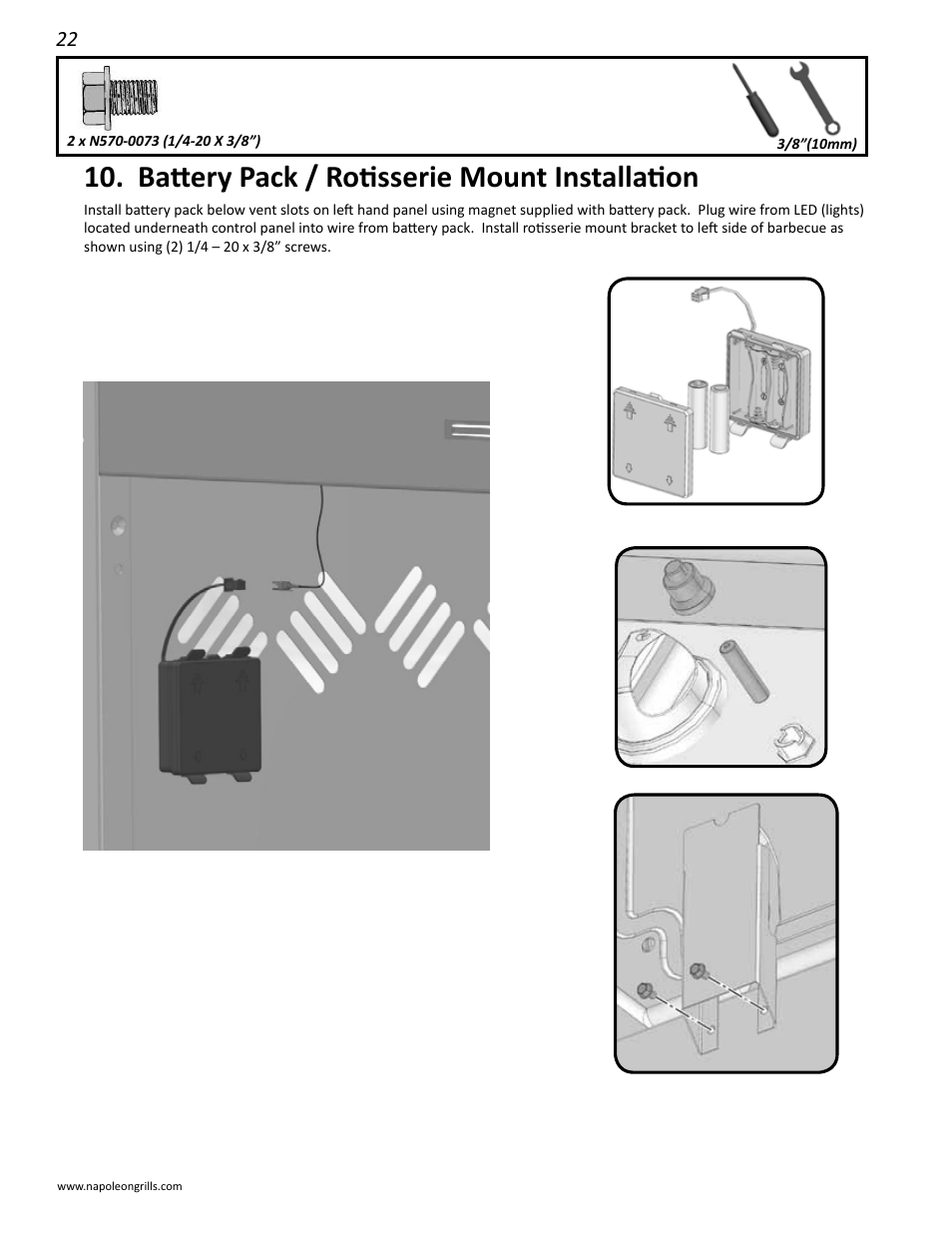 Battery pack / rotisserie mount installation | Napoleon Grills LD485RSIB User Manual | Page 22 / 40