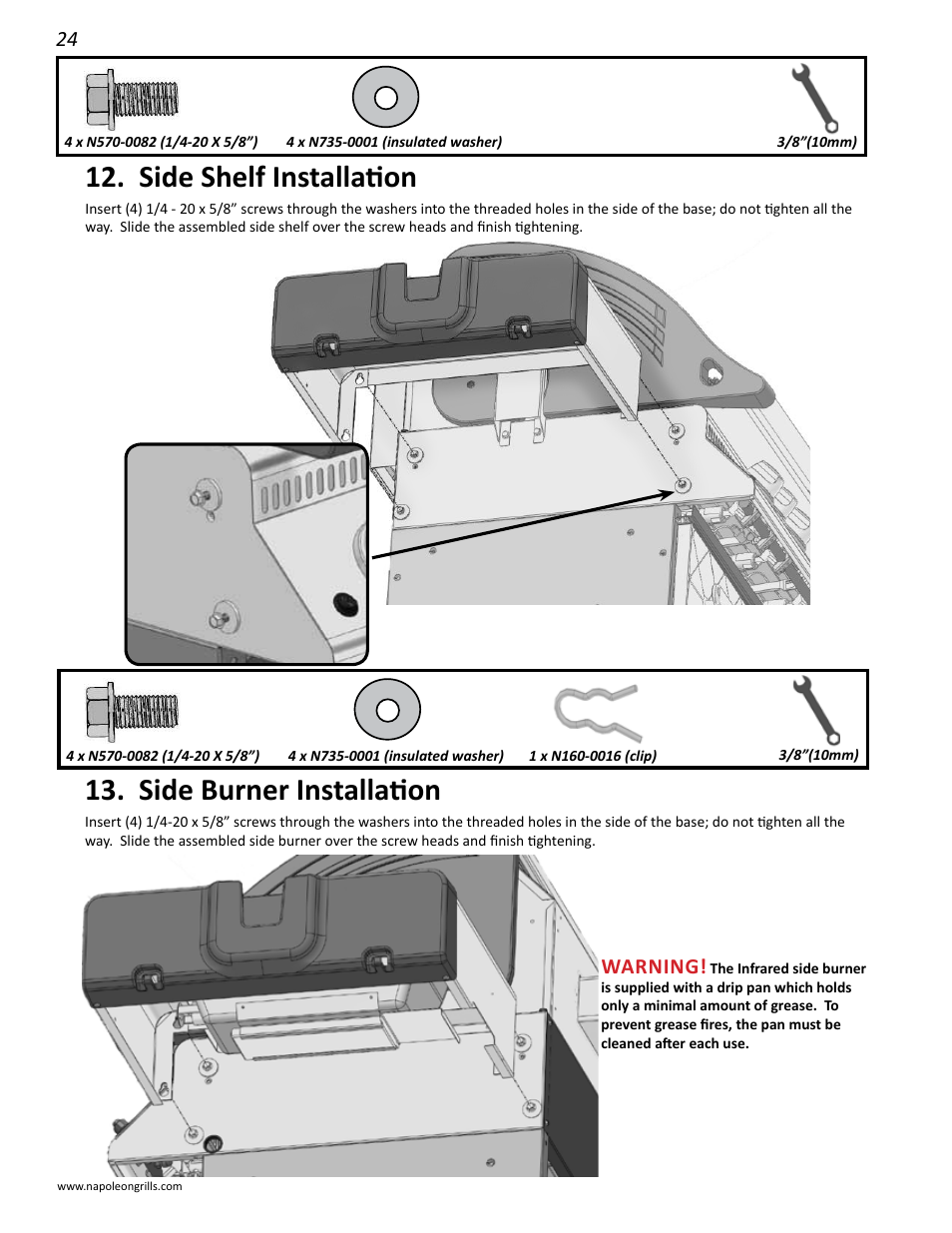 Side shelf installation, Side burner installation, Warning | Napoleon Grills LD485RSIB User Manual | Page 24 / 40