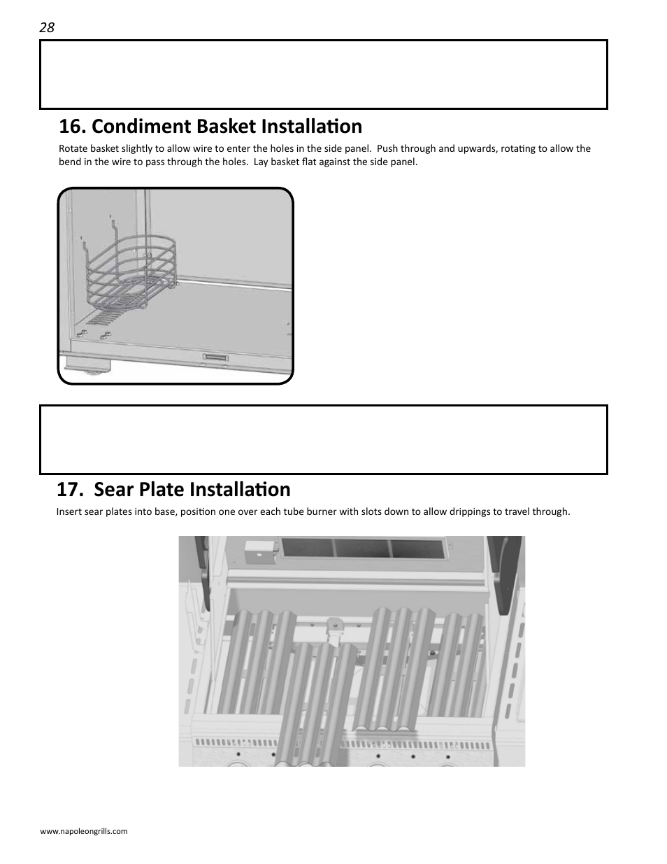 Sear plate installation, Grids and warming rack installation, Condiment basket installation | Grease tray and holder installation | Napoleon Grills LD485RSIB User Manual | Page 28 / 40