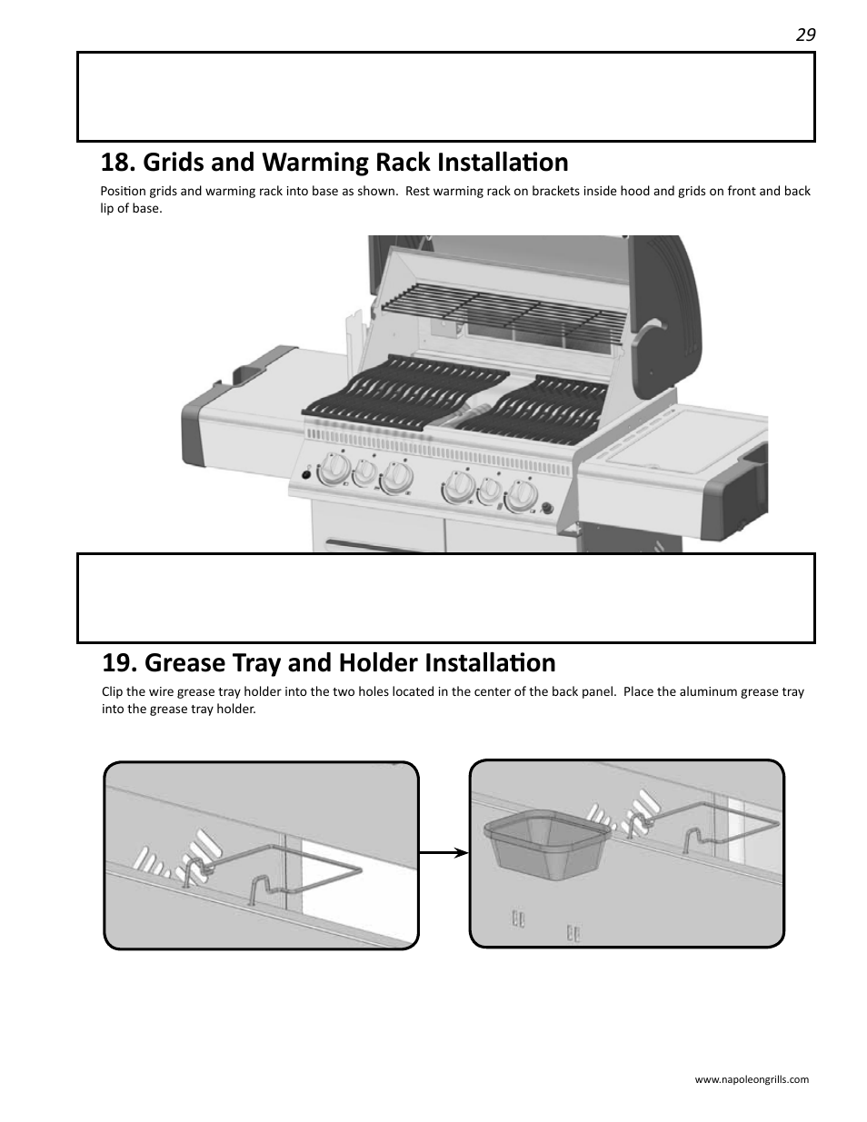Grids and warming rack installation, Grease tray and holder installation | Napoleon Grills LD485RSIB User Manual | Page 29 / 40