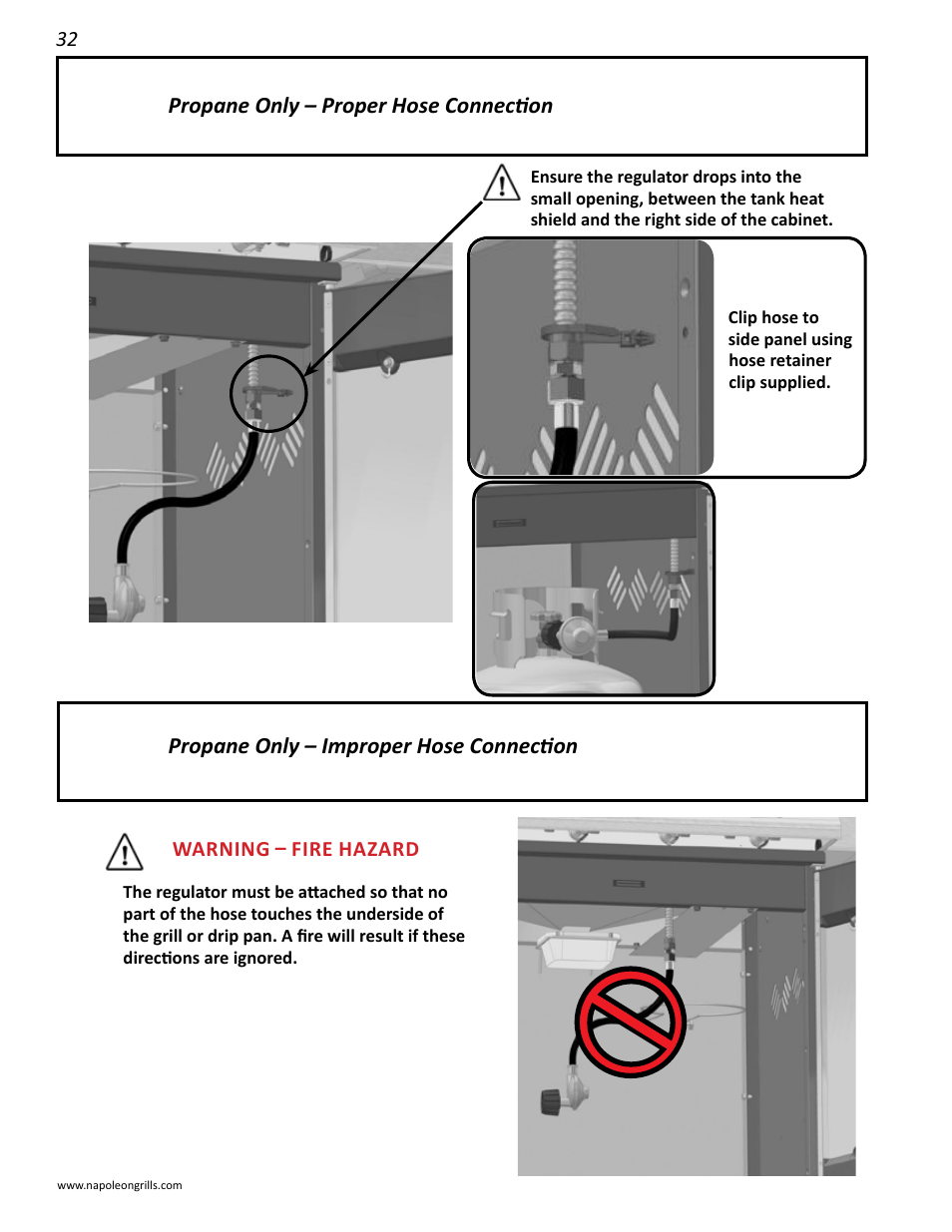 Propane only – proper hose connection, Propane only – improper hose connection | Napoleon Grills LD485RSIB User Manual | Page 32 / 40