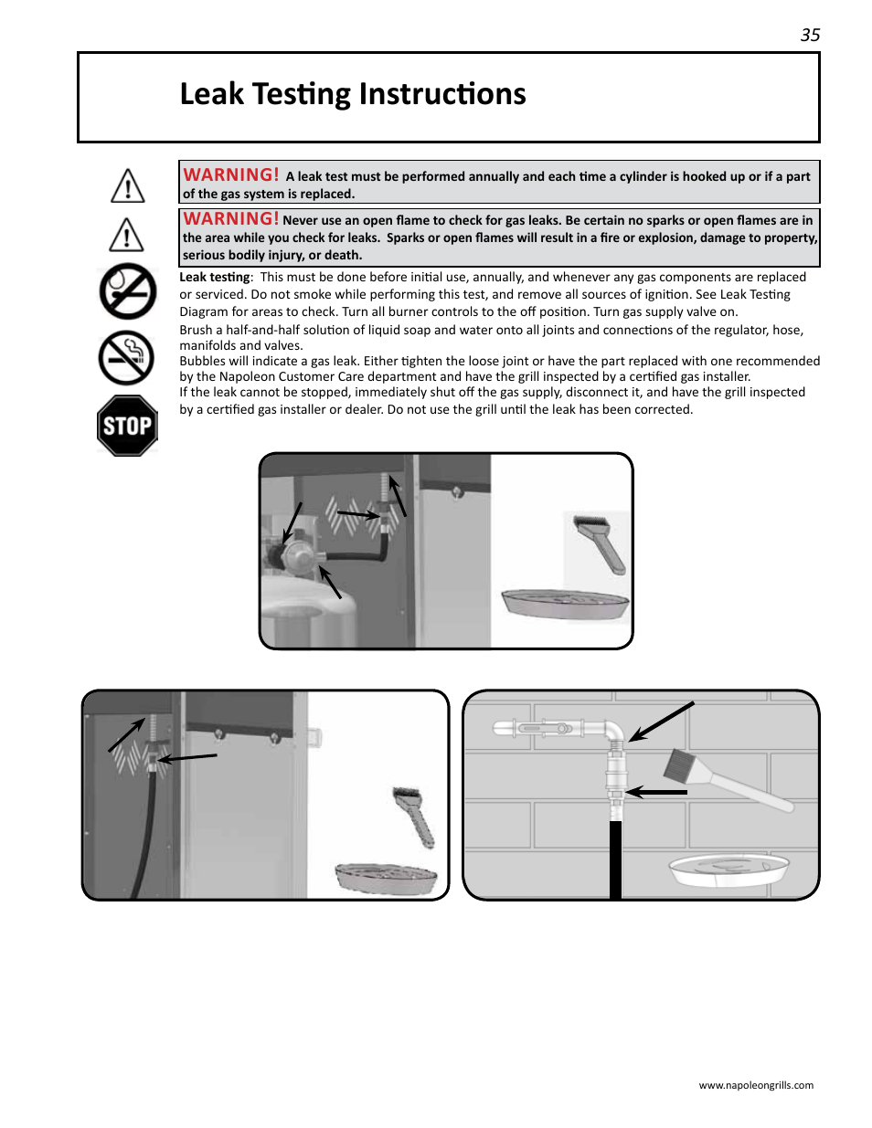 Leak testing instructions, Warning | Napoleon Grills LD485RSIB User Manual | Page 35 / 40