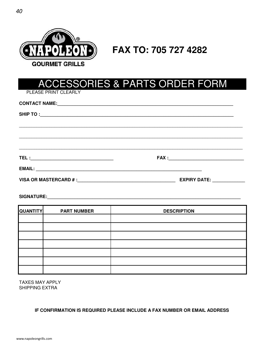 Accessories & parts order form | Napoleon Grills LD485RSIB User Manual | Page 40 / 40