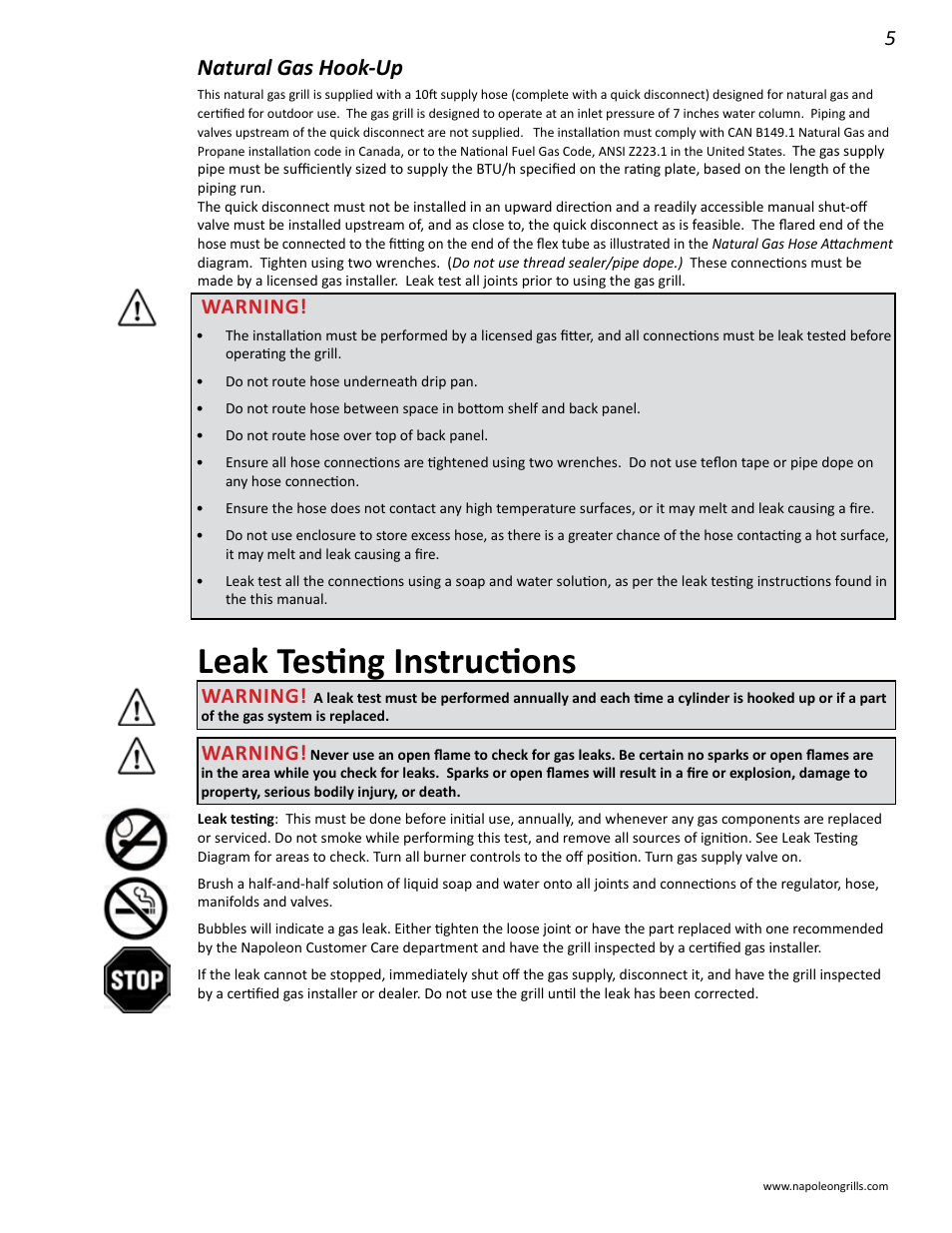 Leak testing instructions, Natural gas hook-up, Warning | Napoleon Grills LD485RSIB User Manual | Page 5 / 40