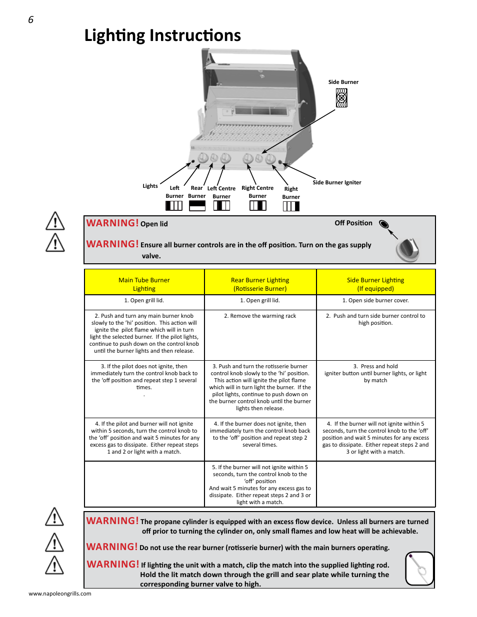 Lighting instructions, Warning | Napoleon Grills LD485RSIB User Manual | Page 6 / 40