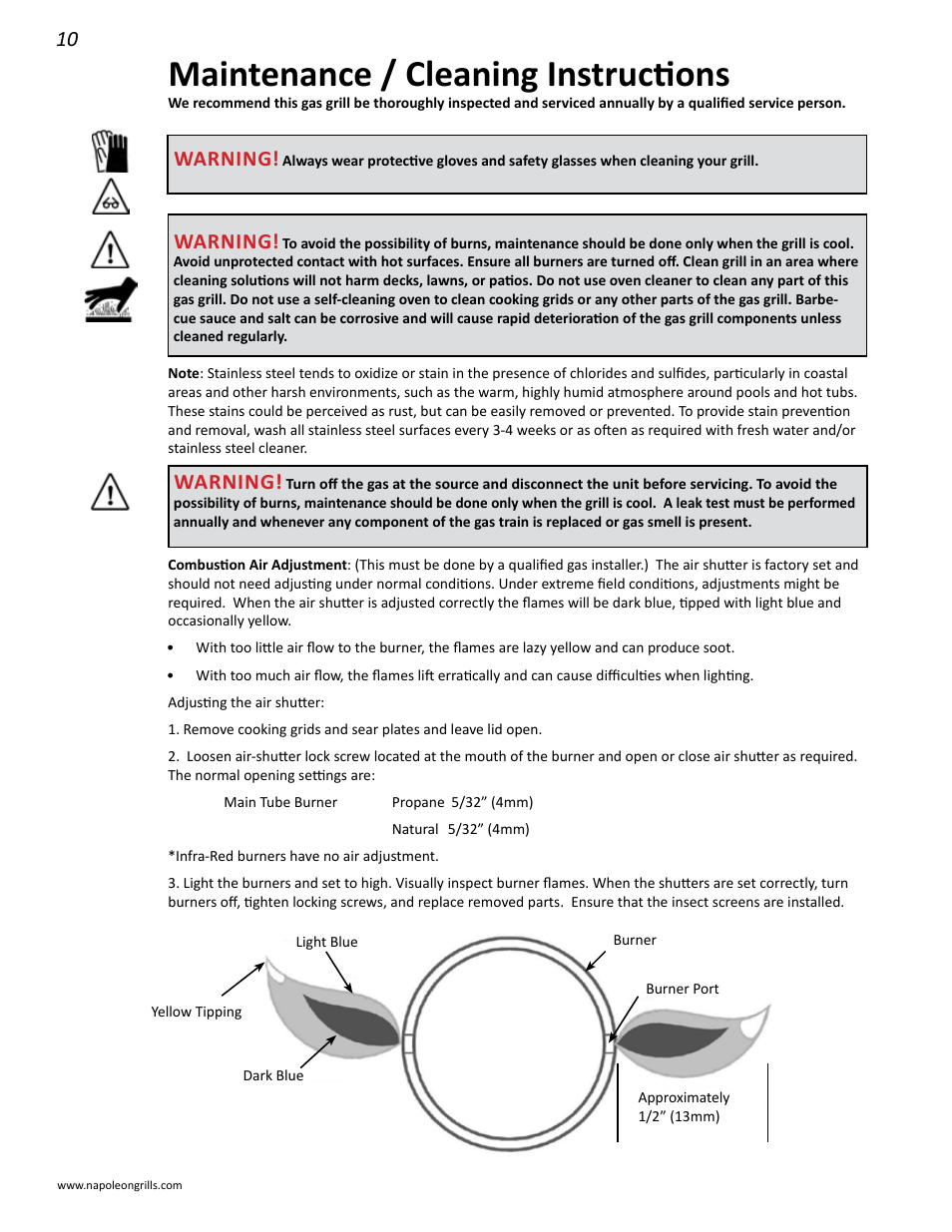 Maintenance / cleaning instructions, Warning | Napoleon Grills 485RSIB User Manual | Page 10 / 38