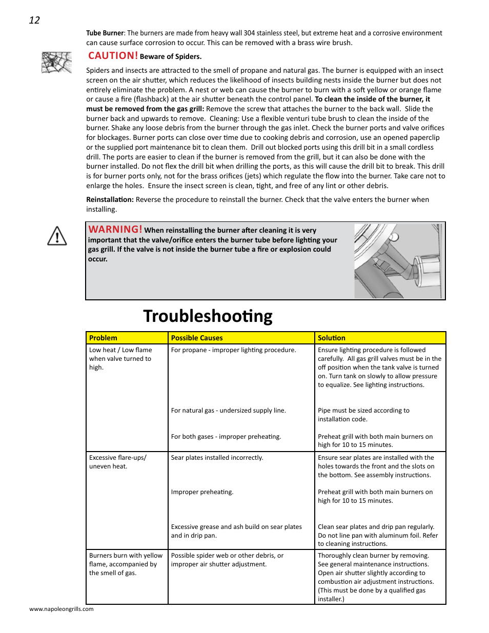 Troubleshooting, Caution, Warning | Napoleon Grills 485RSIB User Manual | Page 12 / 38