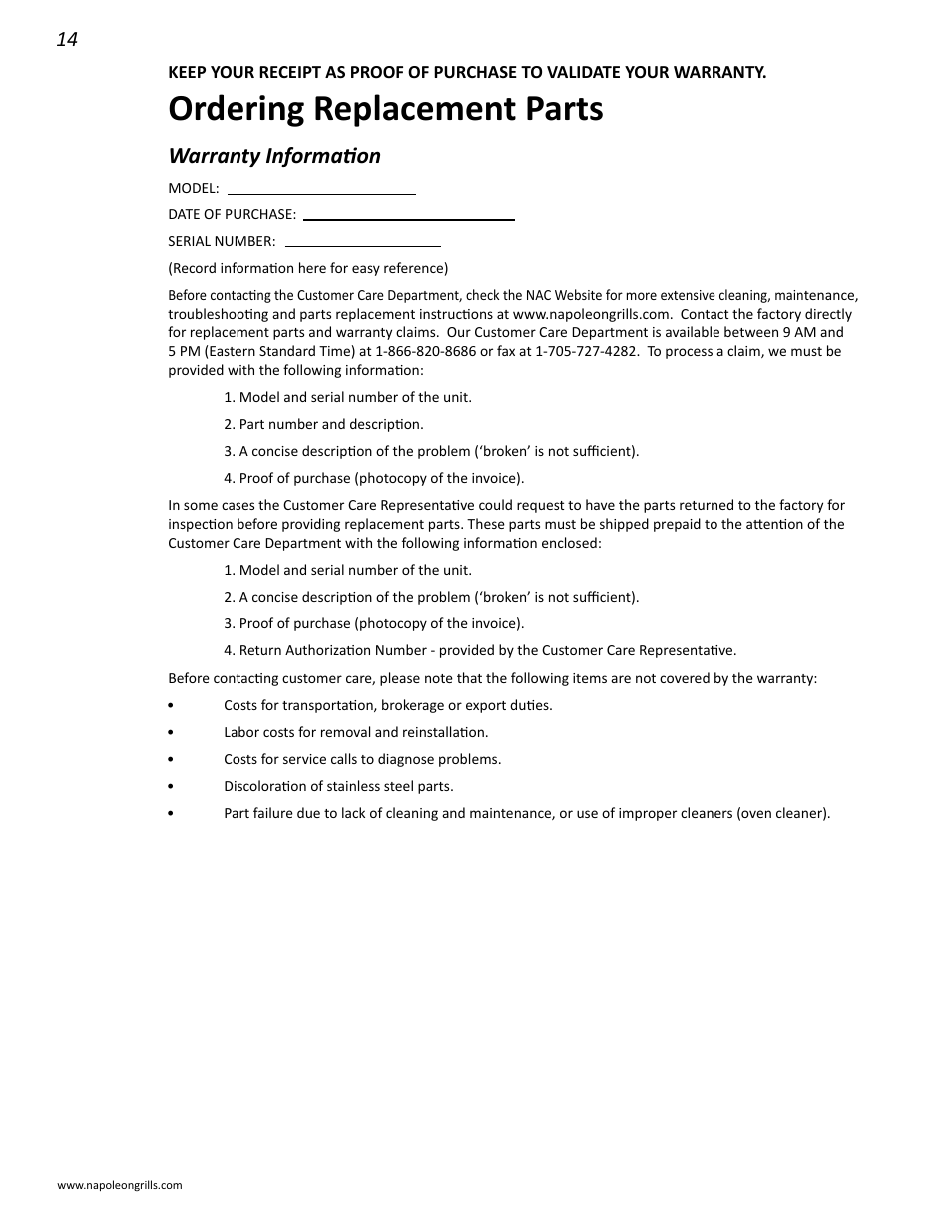 Ordering replacement parts, Warranty information | Napoleon Grills 485RSIB User Manual | Page 14 / 38