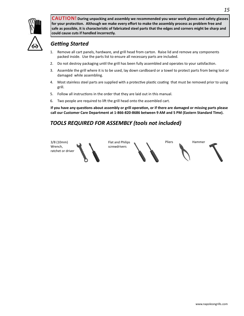 Getting started, Tools required for assembly (tools not included), Caution | Napoleon Grills 485RSIB User Manual | Page 15 / 38