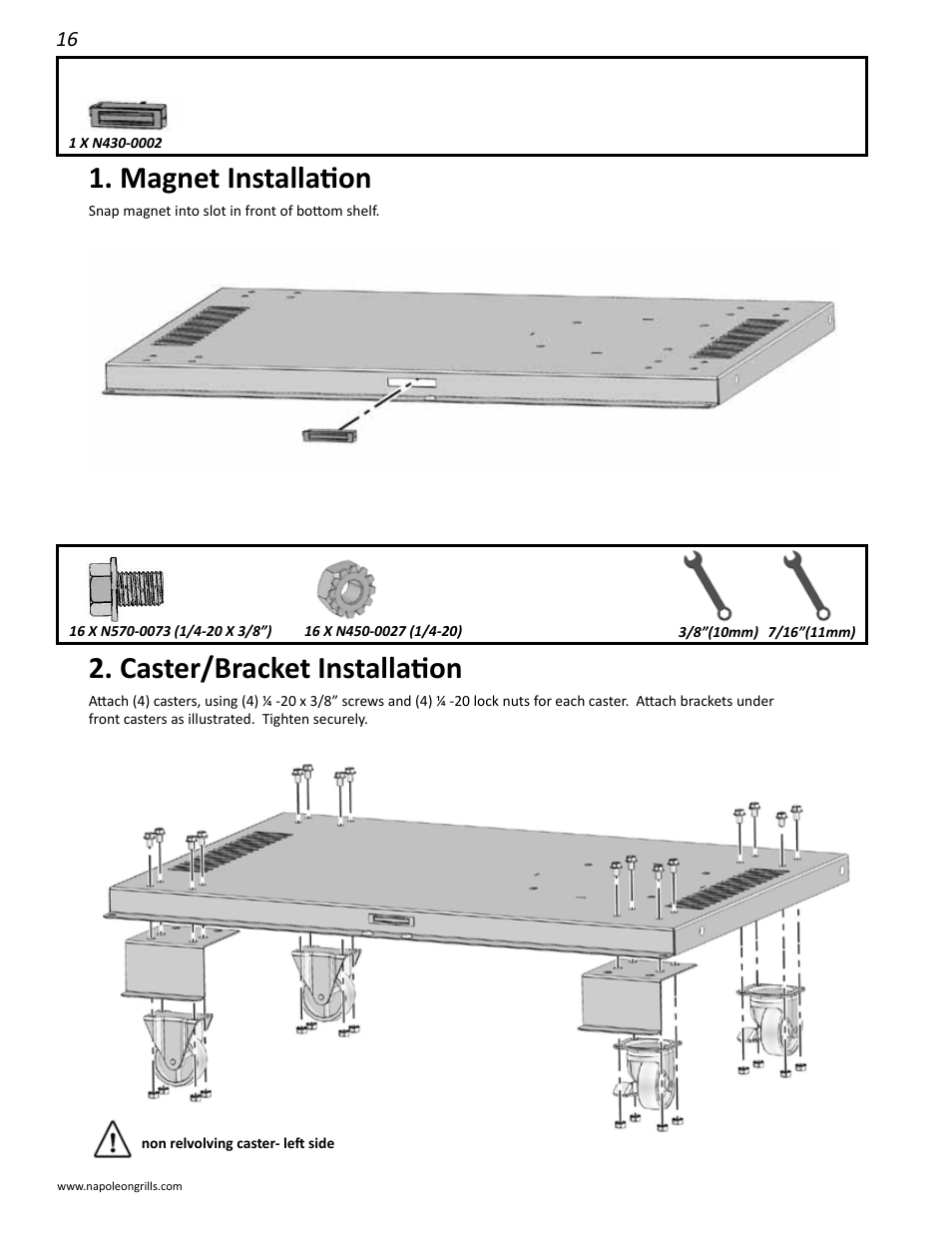 Caster/bracket installation, Magnet installation | Napoleon Grills 485RSIB User Manual | Page 16 / 38