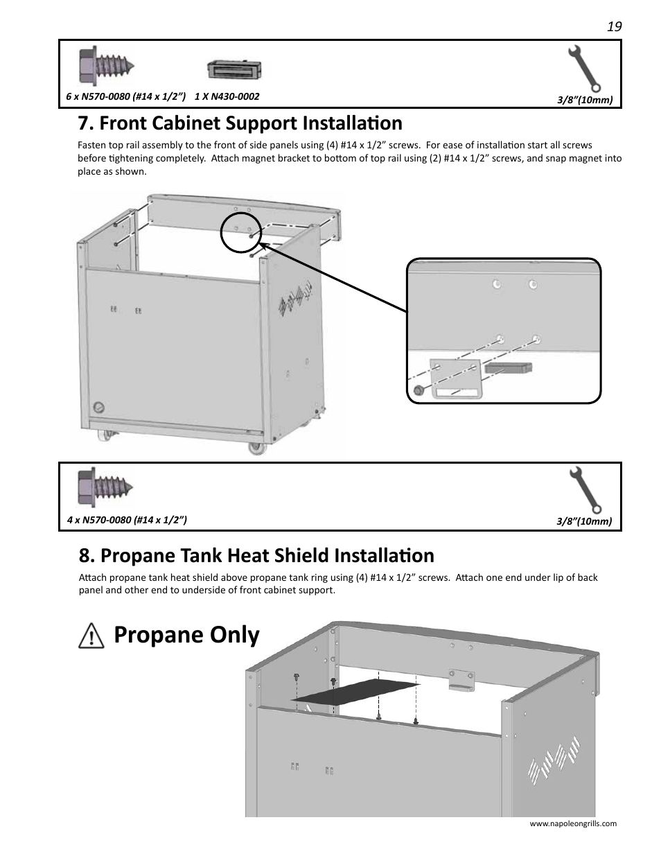Propane only, Front cabinet support installation, Propane tank heat shield installation | Napoleon Grills 485RSIB User Manual | Page 19 / 38