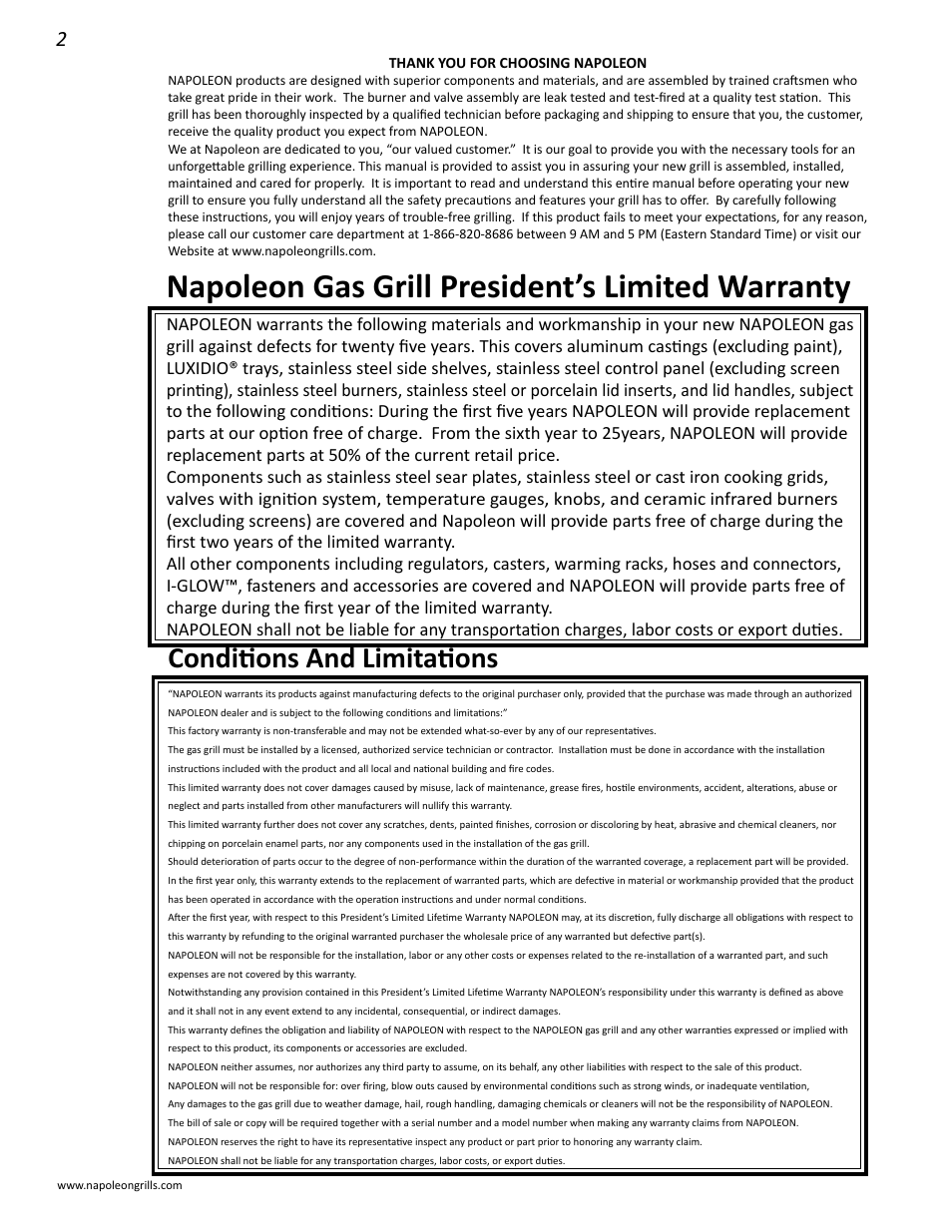 Napoleon gas grill president’s limited warranty, Conditions and limitations | Napoleon Grills 485RSIB User Manual | Page 2 / 38