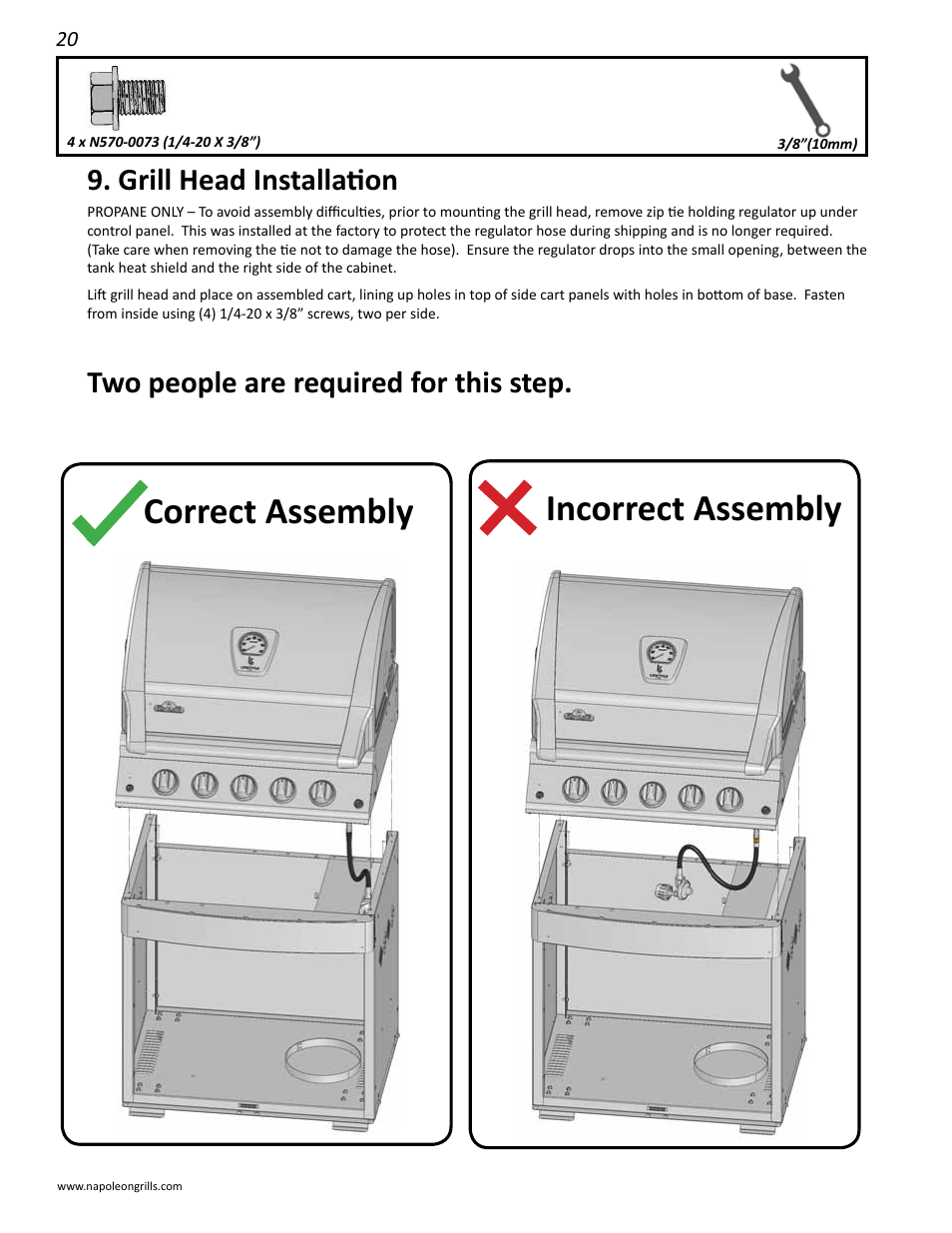 Incorrect assembly correct assembly, Grill head installation, Two people are required for this step | Napoleon Grills 485RSIB User Manual | Page 20 / 38