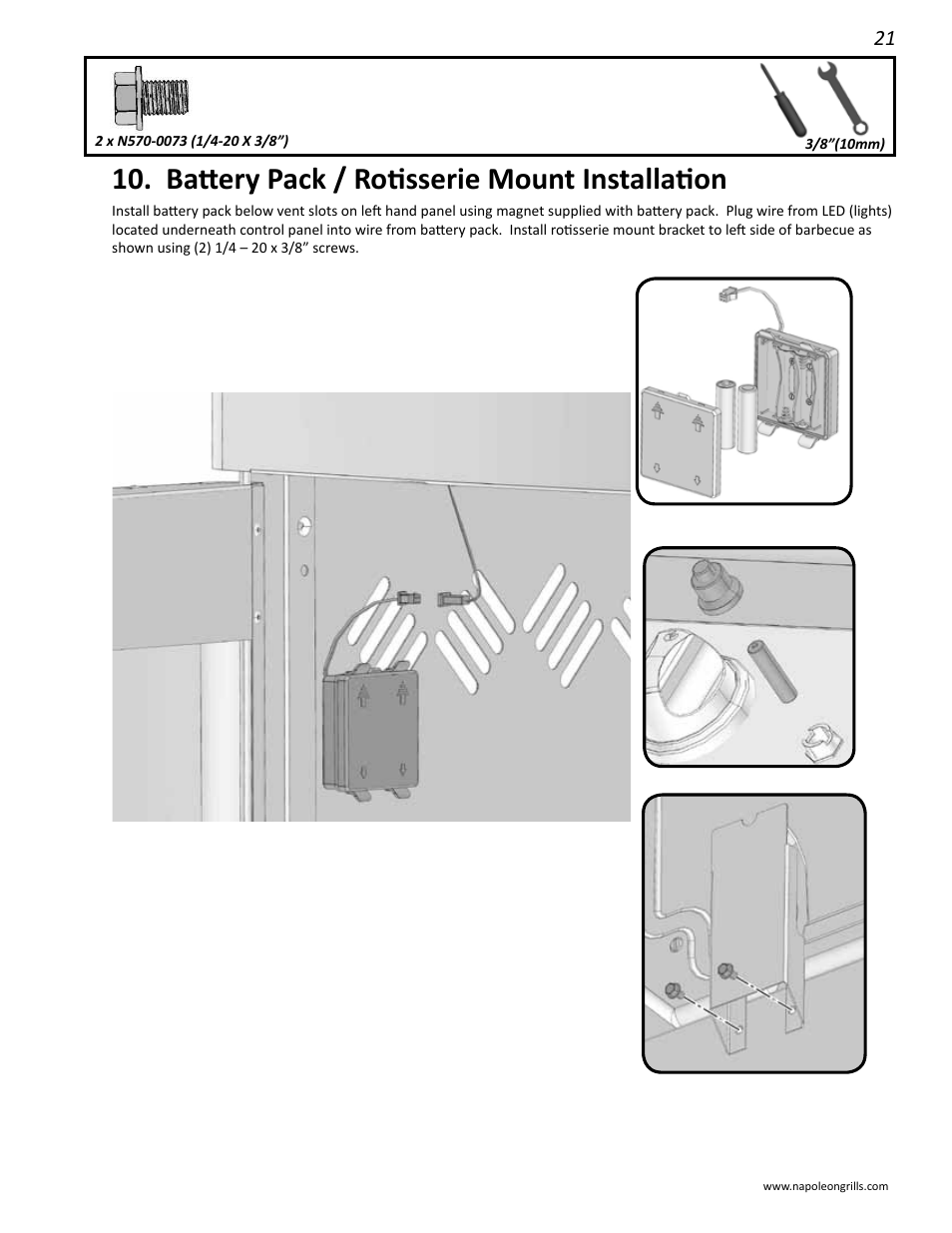 Battery pack / rotisserie mount installation | Napoleon Grills 485RSIB User Manual | Page 21 / 38