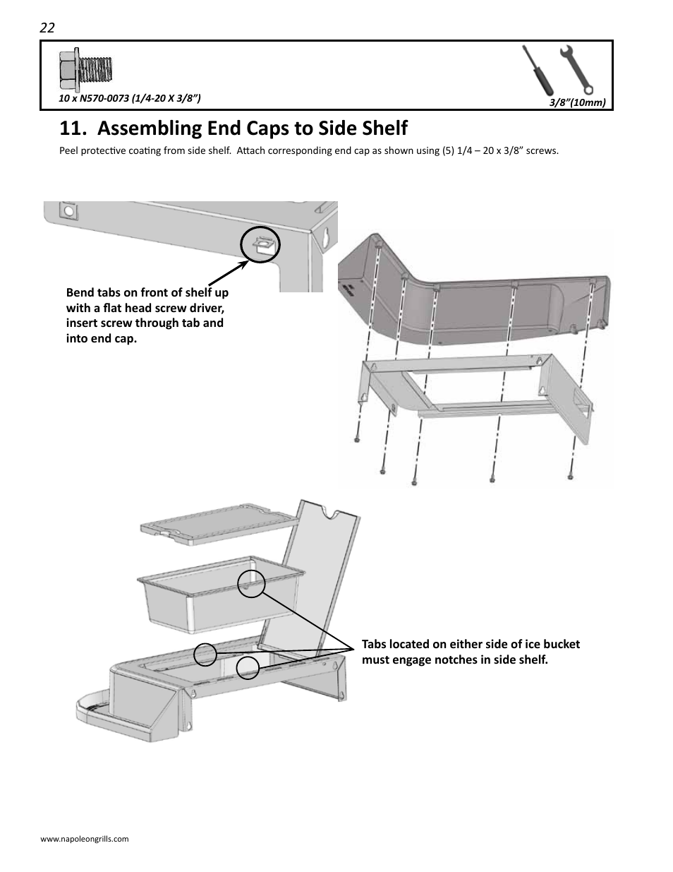 Side shelf installation, Assembling end caps to side shelf | Napoleon Grills 485RSIB User Manual | Page 22 / 38