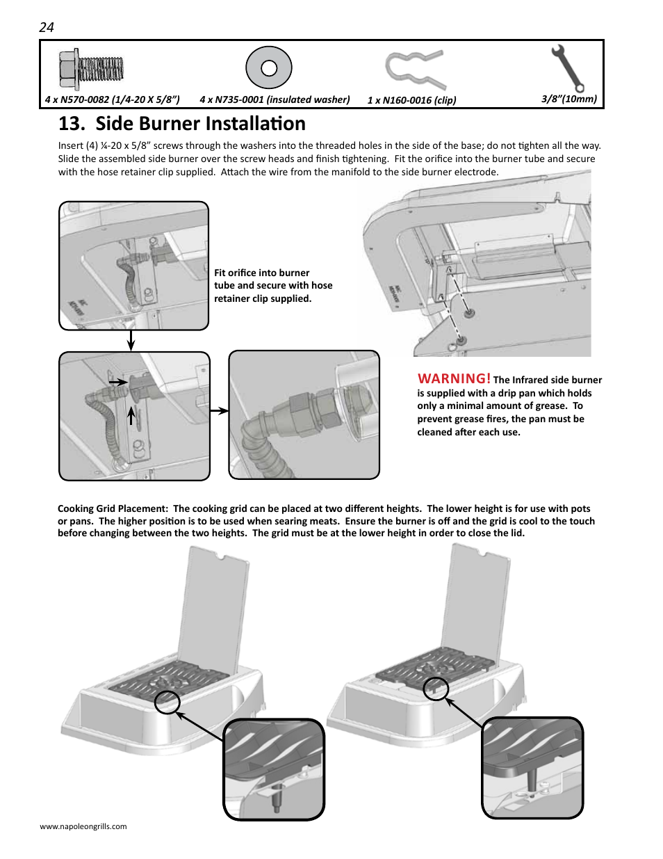 Side burner installation, Warning | Napoleon Grills 485RSIB User Manual | Page 24 / 38