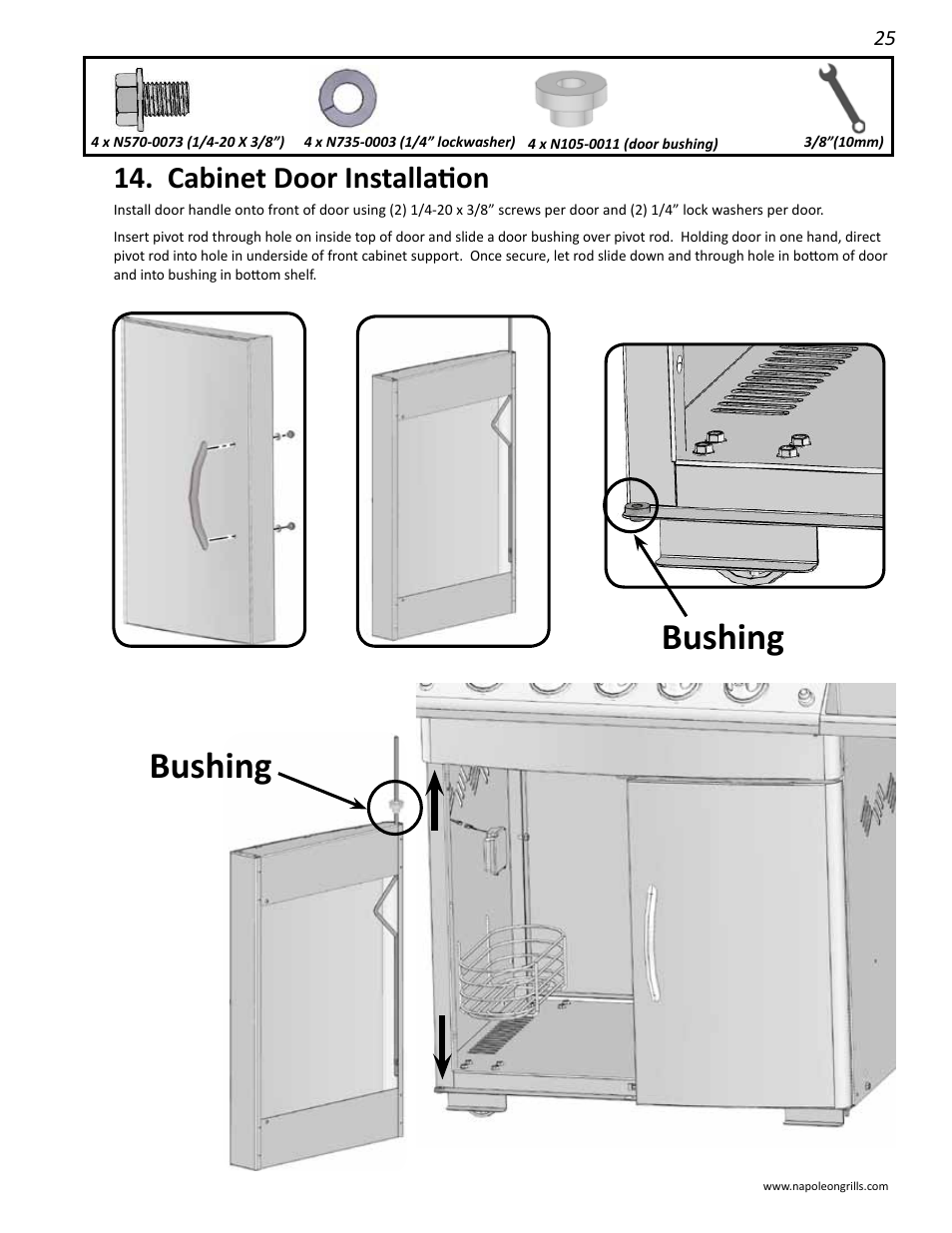 Bushing, Cabinet door installation | Napoleon Grills 485RSIB User Manual | Page 25 / 38