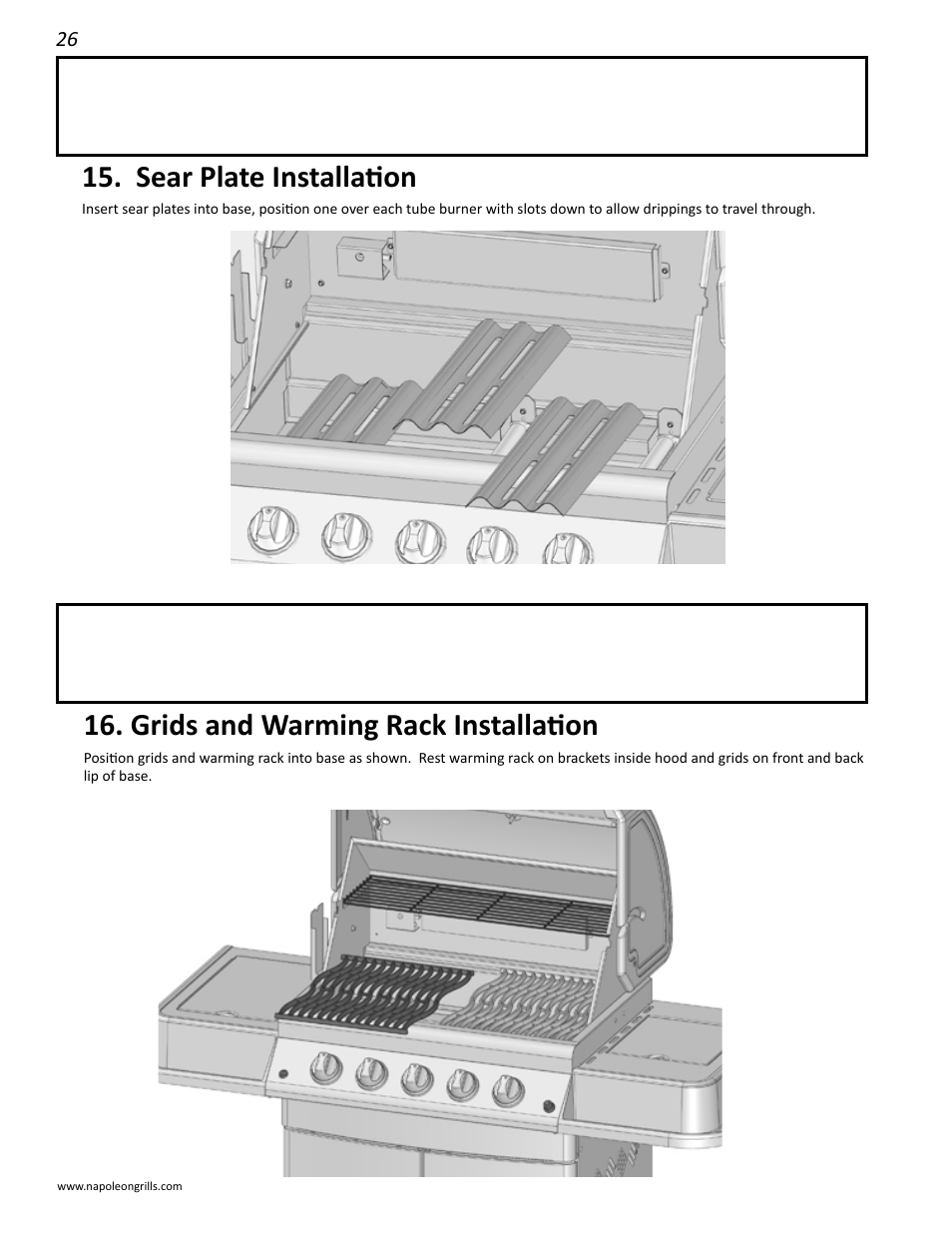 Grease tray and holder installation, Drip pan installation, Sear plate installation | Grids and warming rack installation | Napoleon Grills 485RSIB User Manual | Page 26 / 38