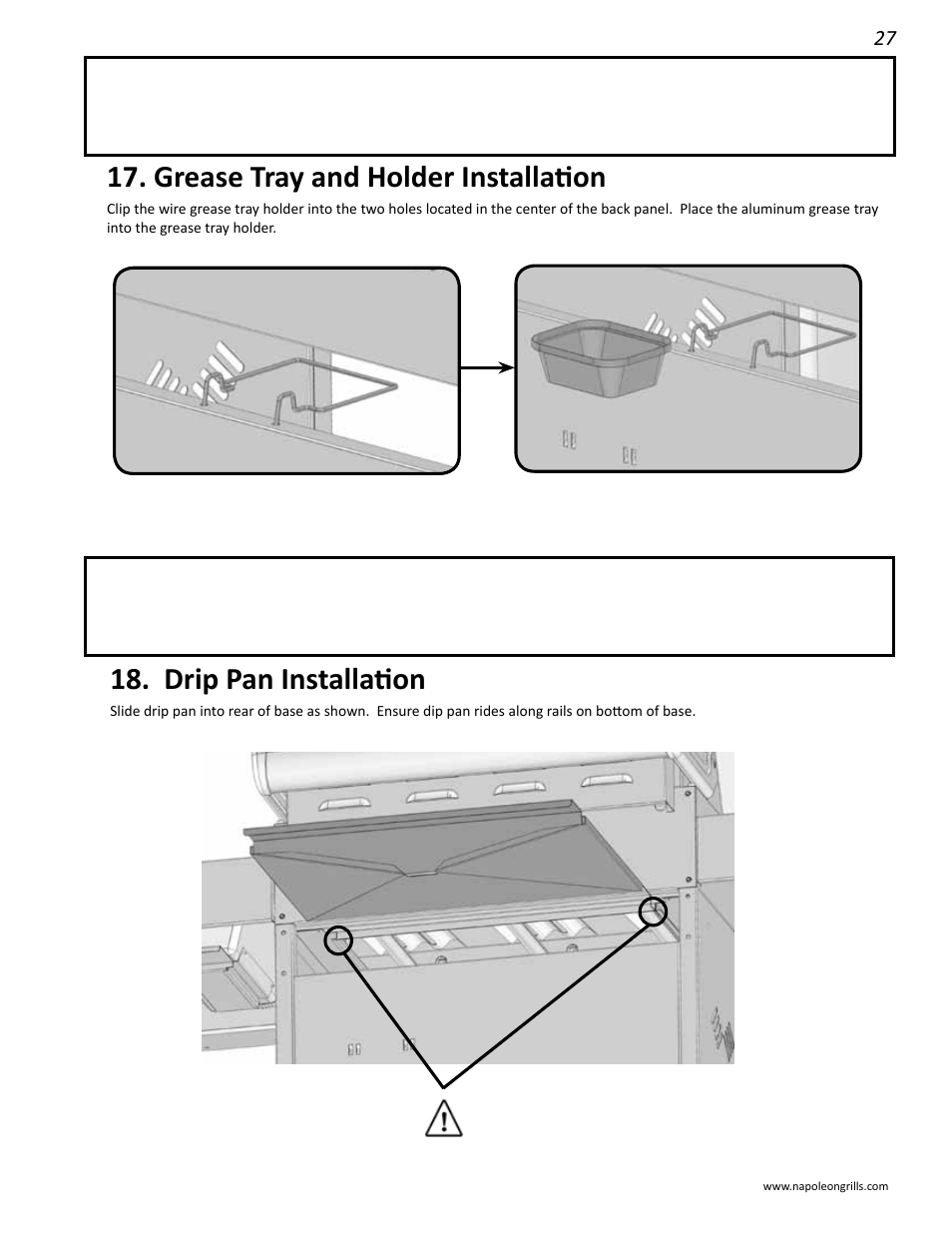 Grease tray and holder installation, Drip pan installation | Napoleon Grills 485RSIB User Manual | Page 27 / 38