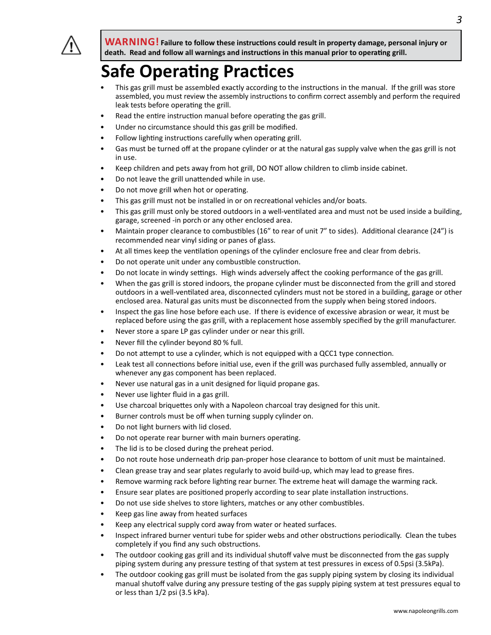 Safe operating practices, Warning | Napoleon Grills 485RSIB User Manual | Page 3 / 38
