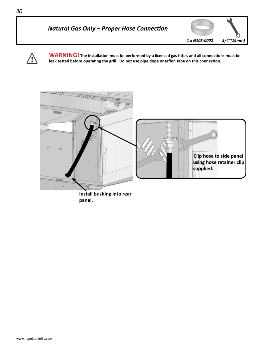 Natural gas only – proper hose connection, Warning | Napoleon Grills 485RSIB User Manual | Page 30 / 38