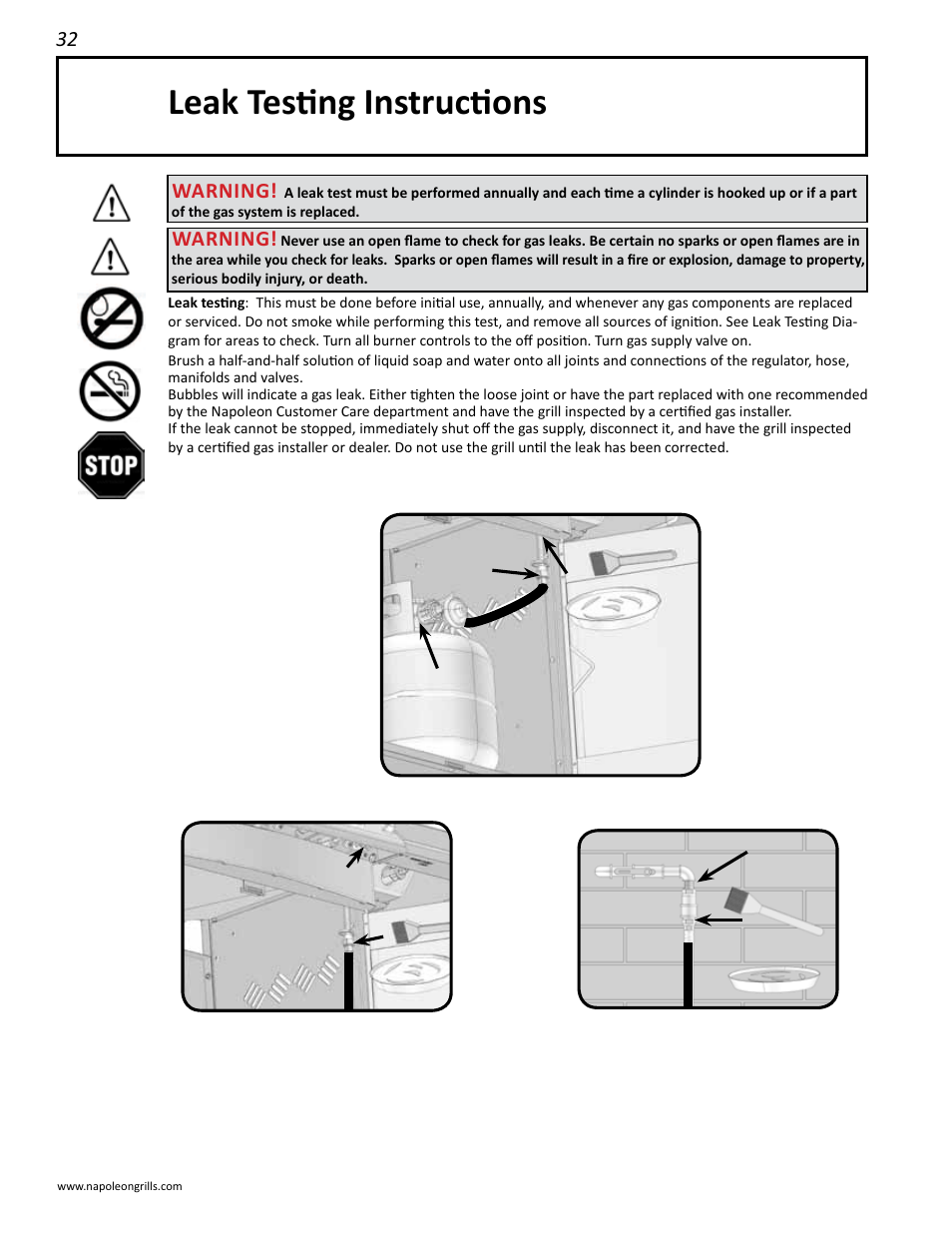 Leak testing instructions, Warning | Napoleon Grills 485RSIB User Manual | Page 32 / 38