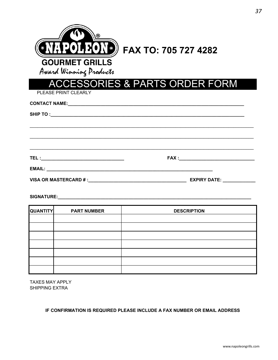 Accessories & parts order form | Napoleon Grills 485RSIB User Manual | Page 37 / 38