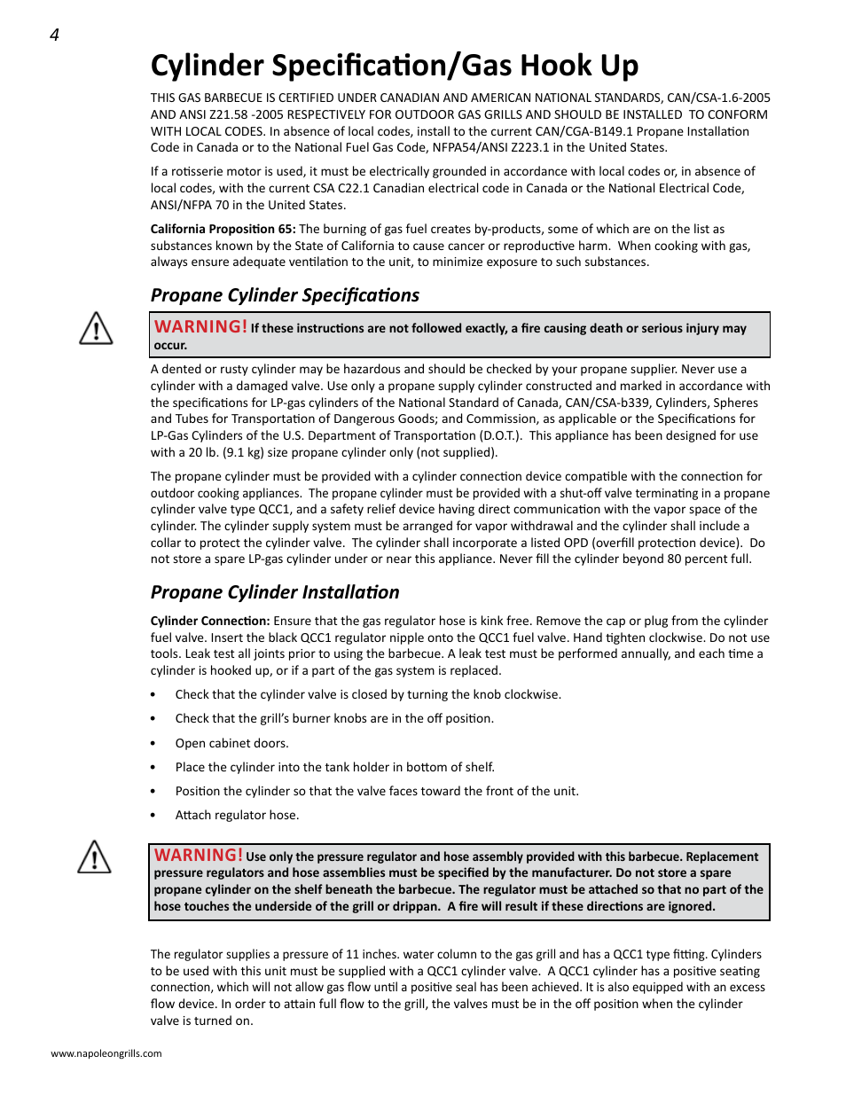 Cylinder specification/gas hook up, Propane cylinder specifications, Propane cylinder installation | Warning | Napoleon Grills 485RSIB User Manual | Page 4 / 38