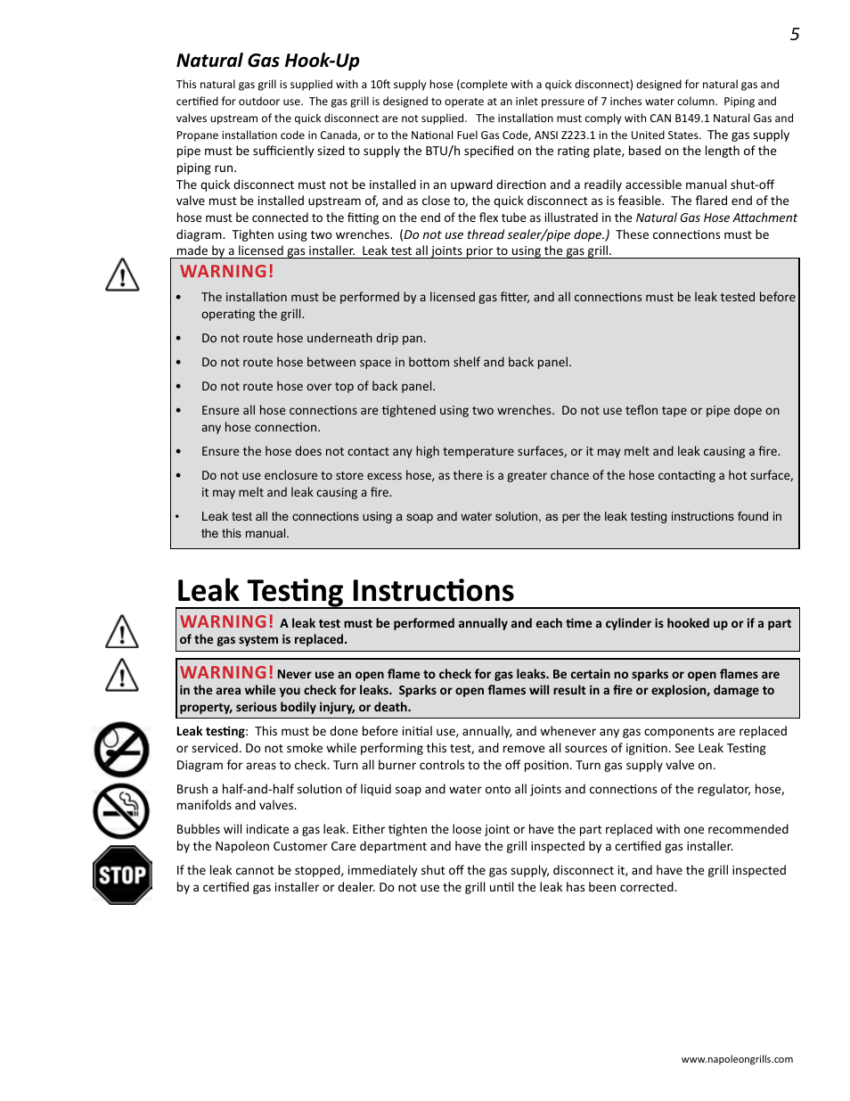 Leak testing instructions, Natural gas hook-up, Warning | Napoleon Grills 485RSIB User Manual | Page 5 / 38