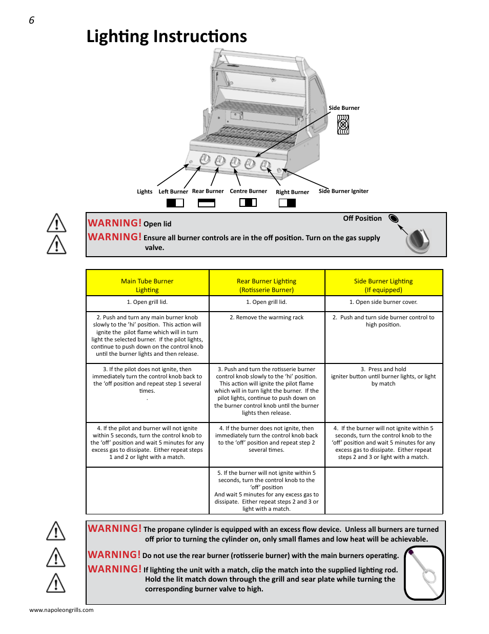 Lighting instructions, Warning | Napoleon Grills 485RSIB User Manual | Page 6 / 38