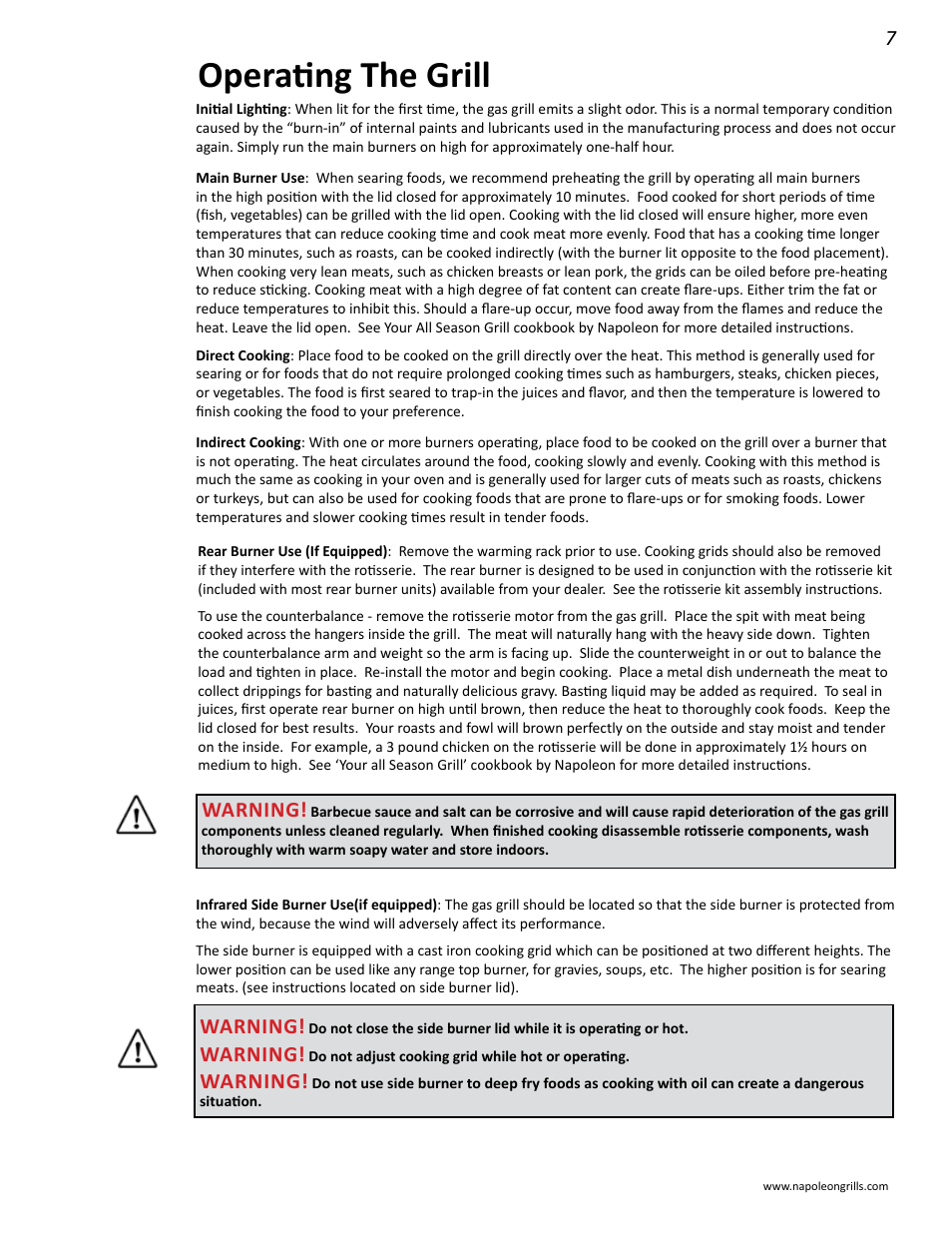 Operating the grill, Warning | Napoleon Grills 485RSIB User Manual | Page 7 / 38