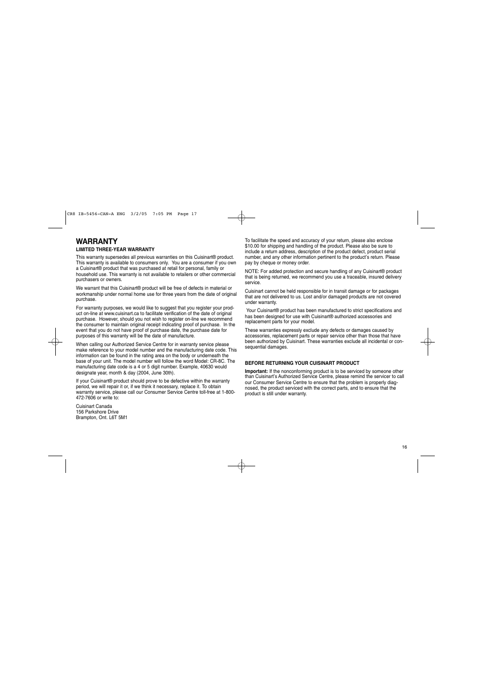 Warranty | Cuisinart Raclette CR-8C User Manual | Page 17 / 18
