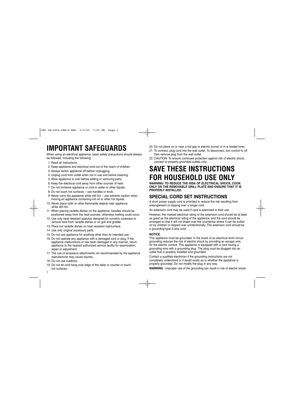 Important safeguards, Save these instructions for household use only, Special cord set instructions | Cuisinart Raclette CR-8C User Manual | Page 2 / 18