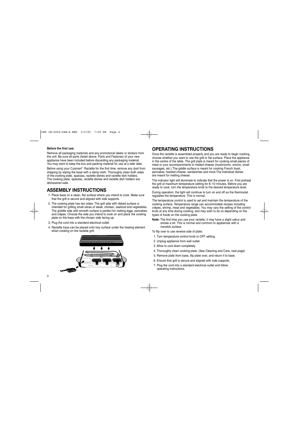 Assembly instructions, Operating instructions | Cuisinart Raclette CR-8C User Manual | Page 4 / 18