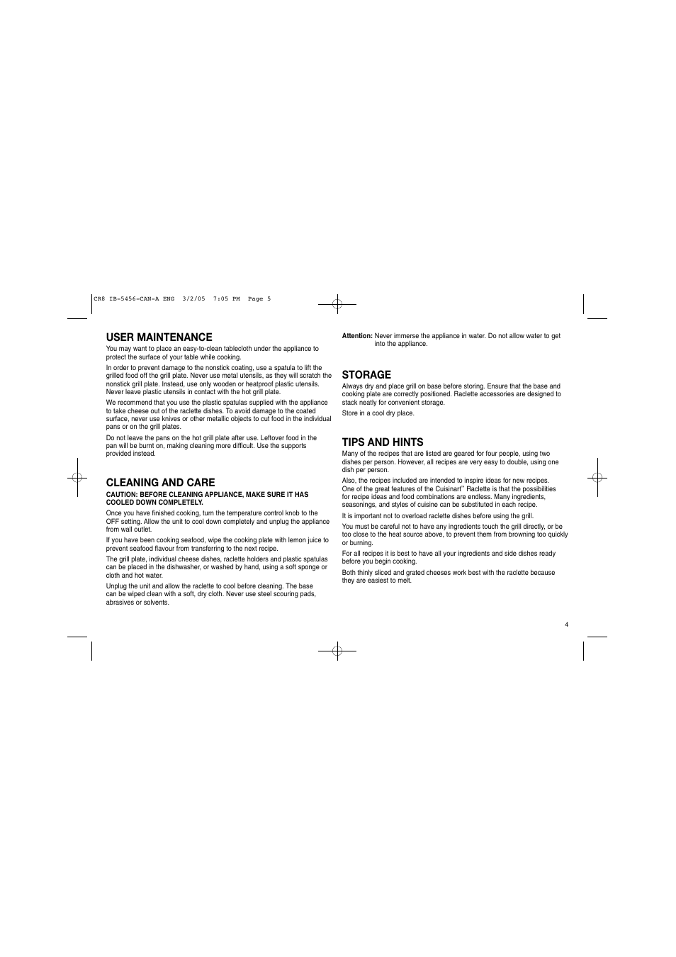 User maintenance, Cleaning and care, Storage | Tips and hints | Cuisinart Raclette CR-8C User Manual | Page 5 / 18
