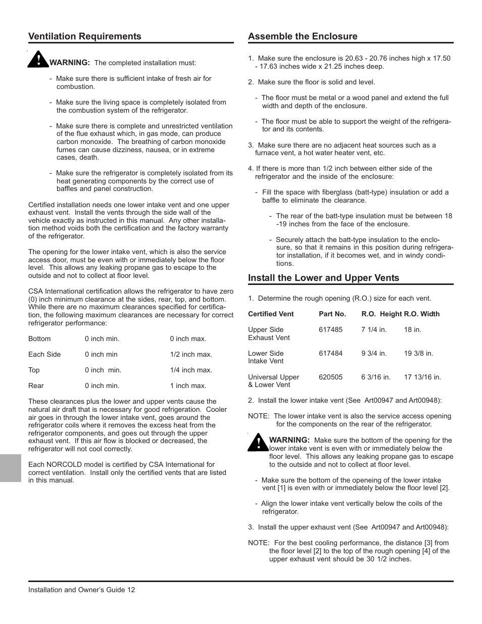 Ventilation requirements, Assemble the enclosure, Install the lower and upper vents | Install the lower intake vent, Install the upper exhaust vent | Norcold 323X User Manual | Page 12 / 17