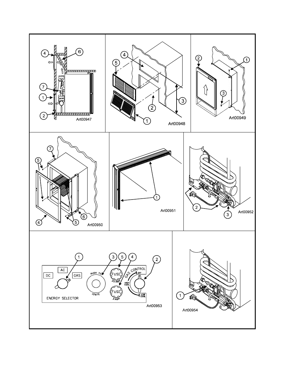 Graphic art00954, Graphic art00953, Graphic art00951 | Graphic art00947, Graphic art00948, Graphic art00949, Graphic art00950, Graphic art00952 | Norcold 323X User Manual | Page 15 / 17