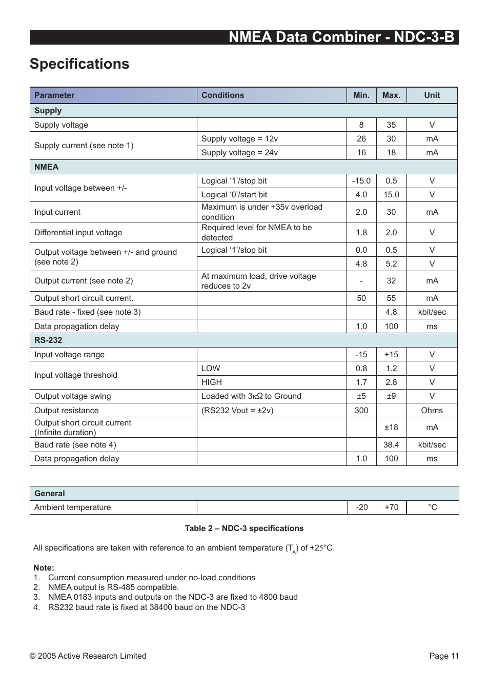 Specifications, Speciﬁcations | NDC comm NDC-3 User Manual | Page 11 / 12