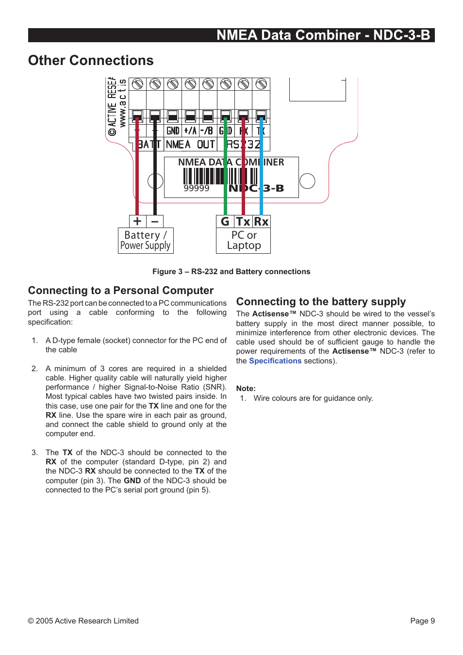 Other connections, Connecting to a personal computer, Connecting to the battery supply | NDC comm NDC-3 User Manual | Page 9 / 12