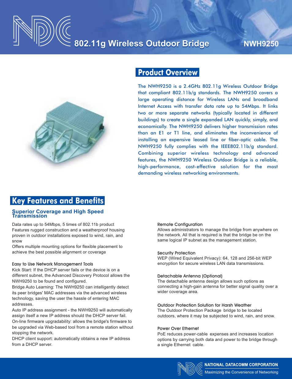 NDC comm 802.11g Wireless Outdoor Bridge NWH9250 User Manual | 2 pages