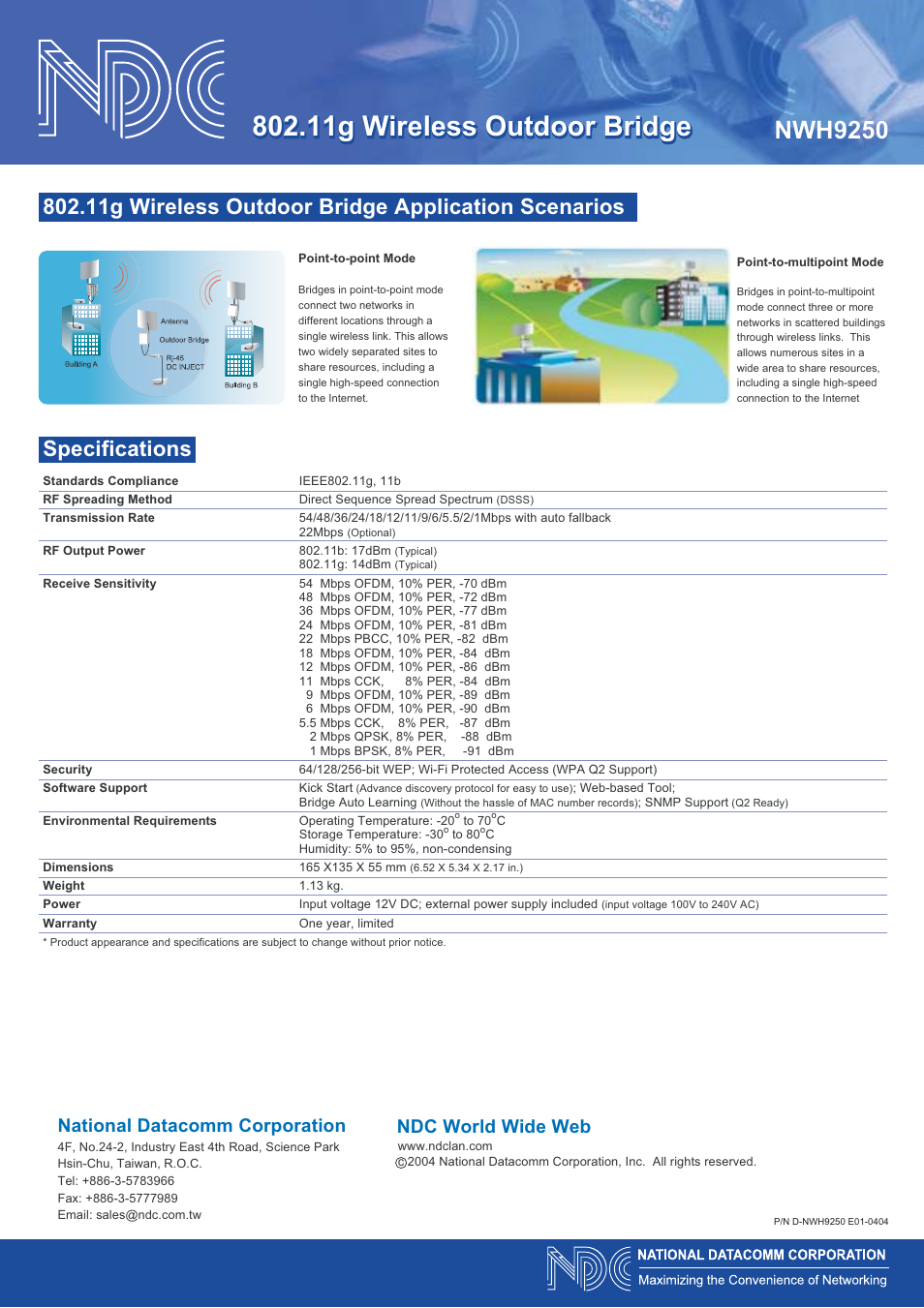 11g wireless outdoor bridge, Nwh9250, Specifications | Ss outdoor bridge application scenarios, 11g wireless outdoor bridge application scenarios, National datacomm corporation, Ndc world wide web | NDC comm 802.11g Wireless Outdoor Bridge NWH9250 User Manual | Page 2 / 2